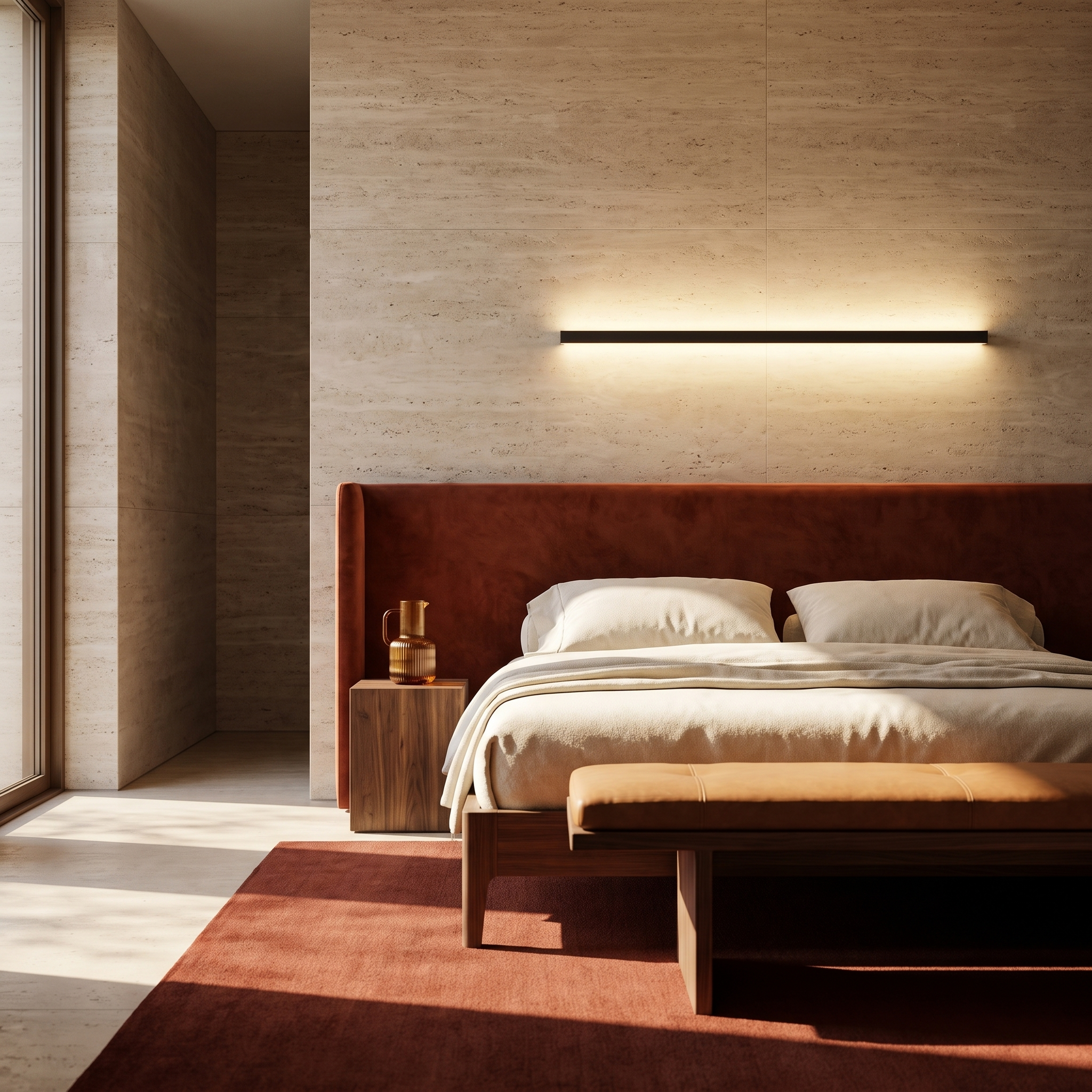 Nikanor slim aluminum wall light bar in black above a rust velvet headboard in a warm travertine bedroom