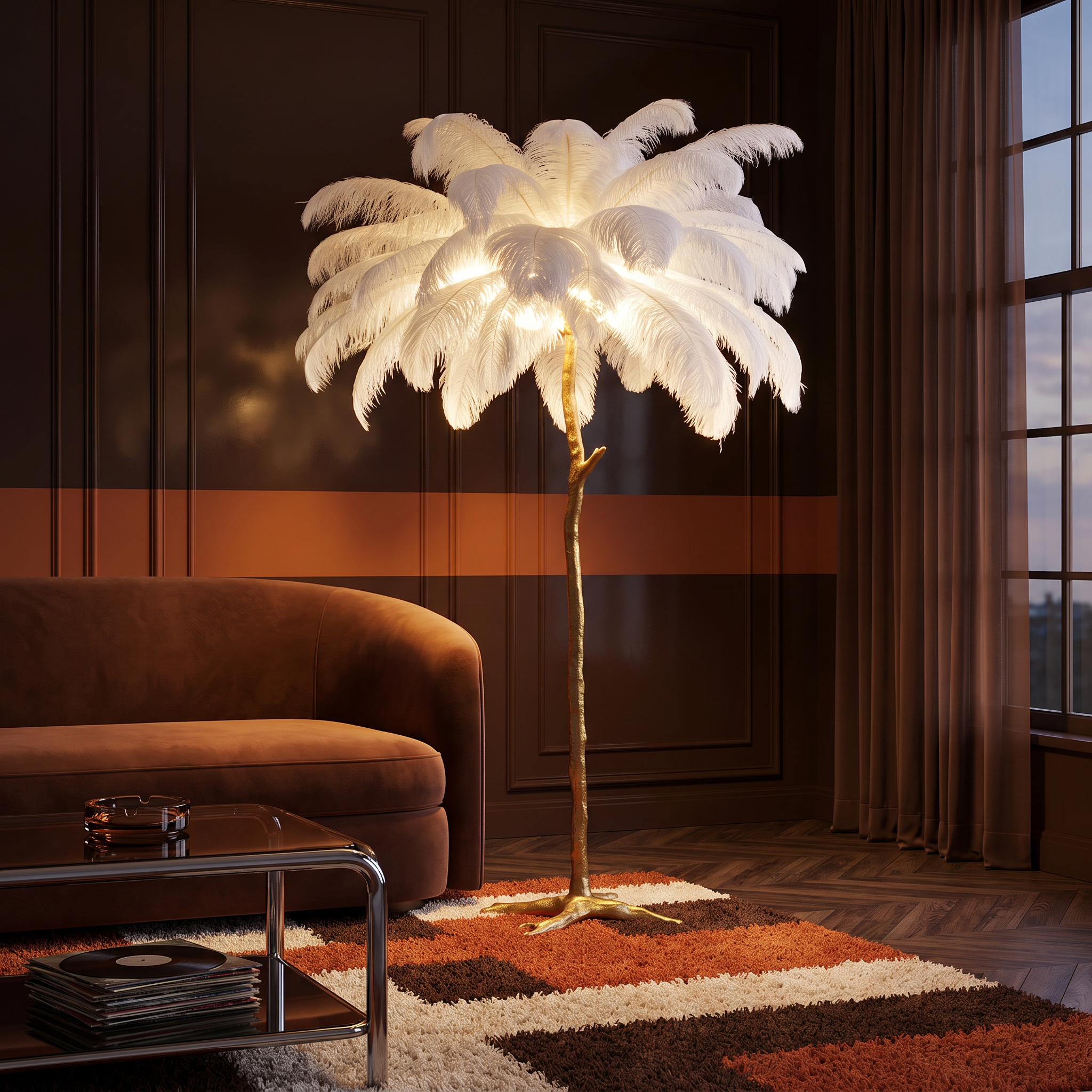 Phoinike ostrich feather floor lamp in white, lit beside a curved velvet sofa in a 1970s living room at dusk