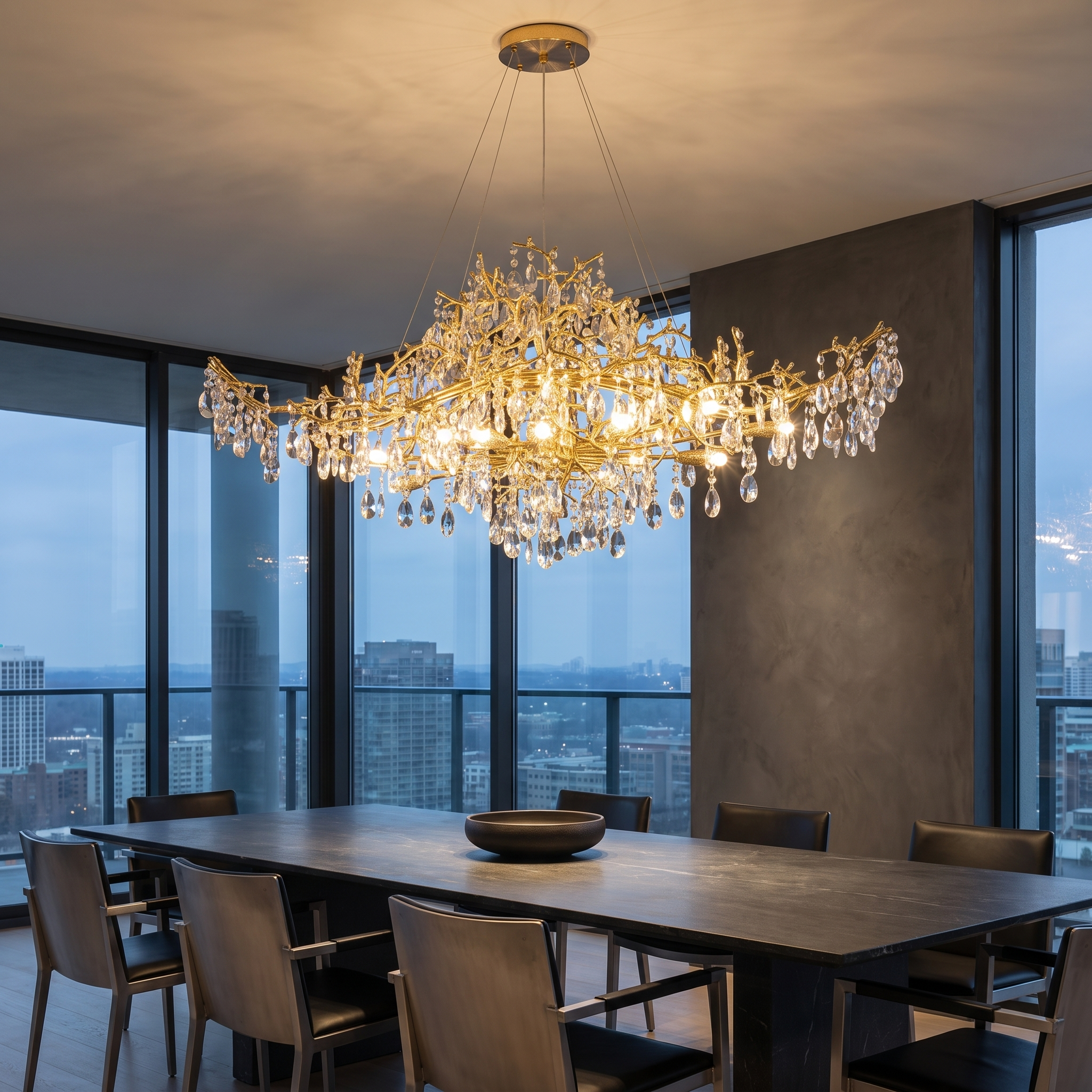 Aithra crystal chandelier over a stone dining table in a penthouse at dusk