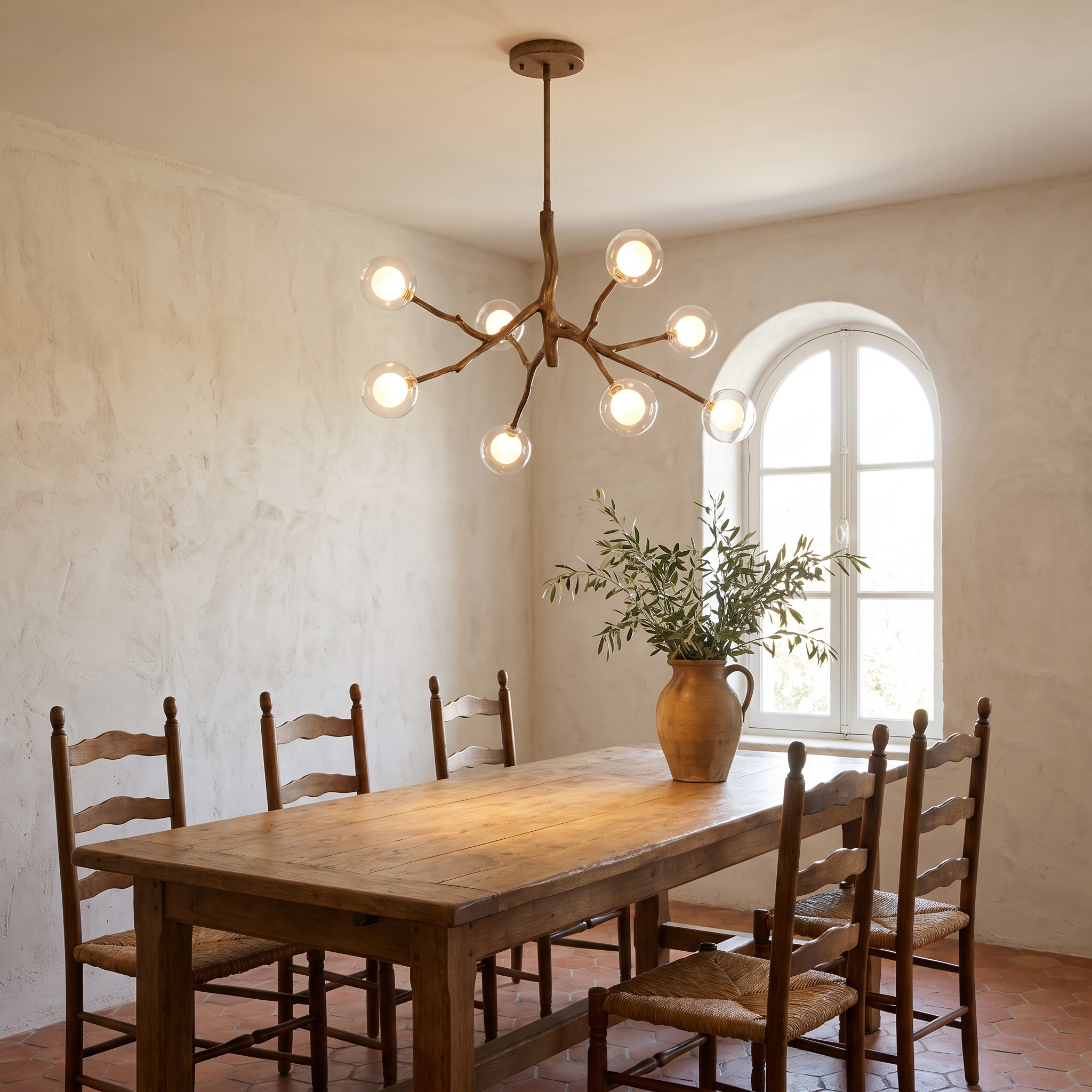 Dryas branch chandelier over an oak table in a Mediterranean farmhouse dining room