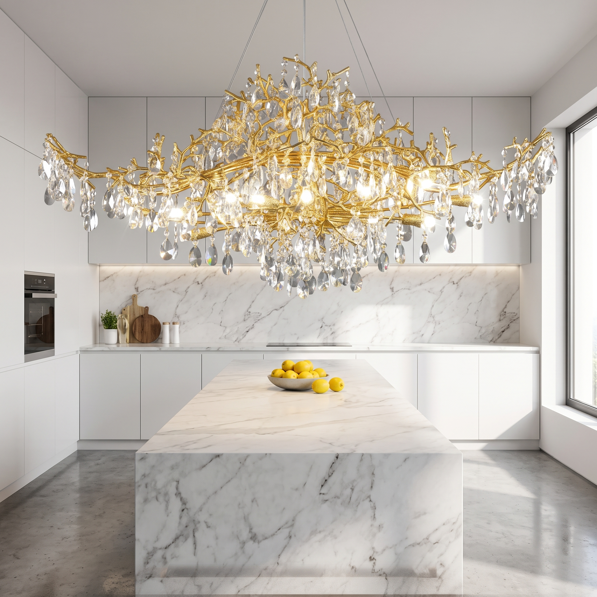Aithra crystal chandelier over a marble island in a bright white kitchen