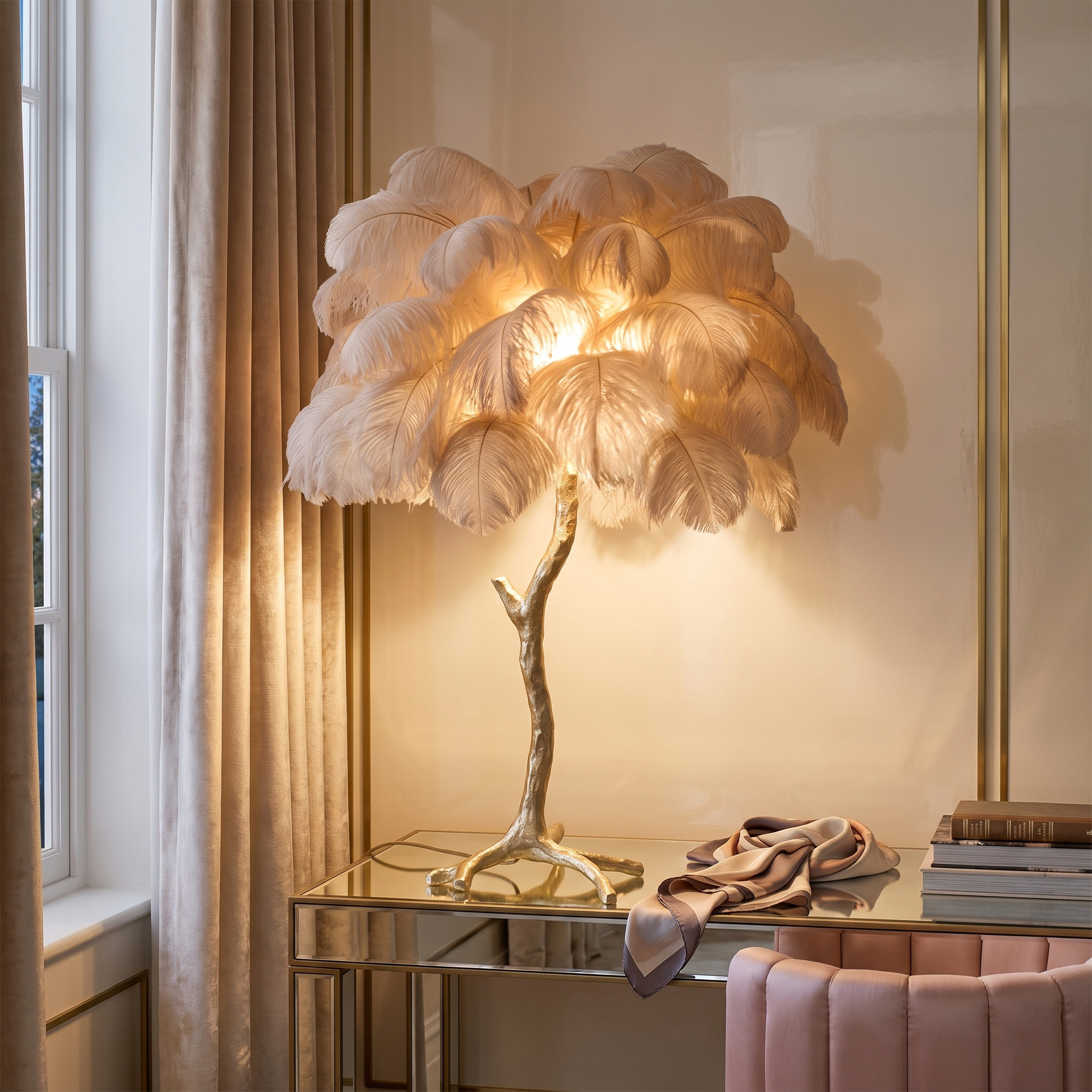 Aedon brass ostrich feather table lamp on a mirrored console in a Hollywood-Regency dressing room