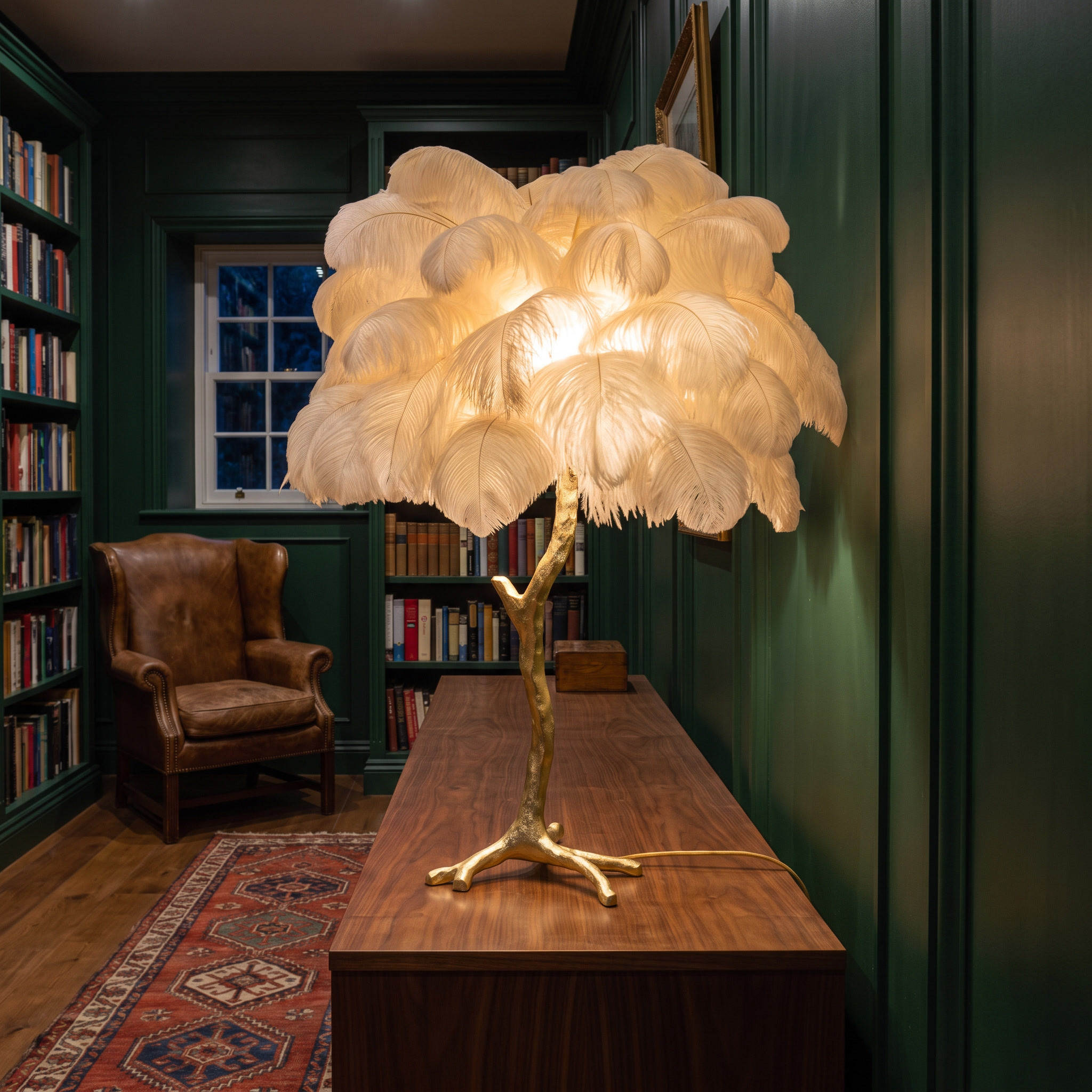Aedon brass ostrich feather table lamp on a walnut sideboard in a dark green library