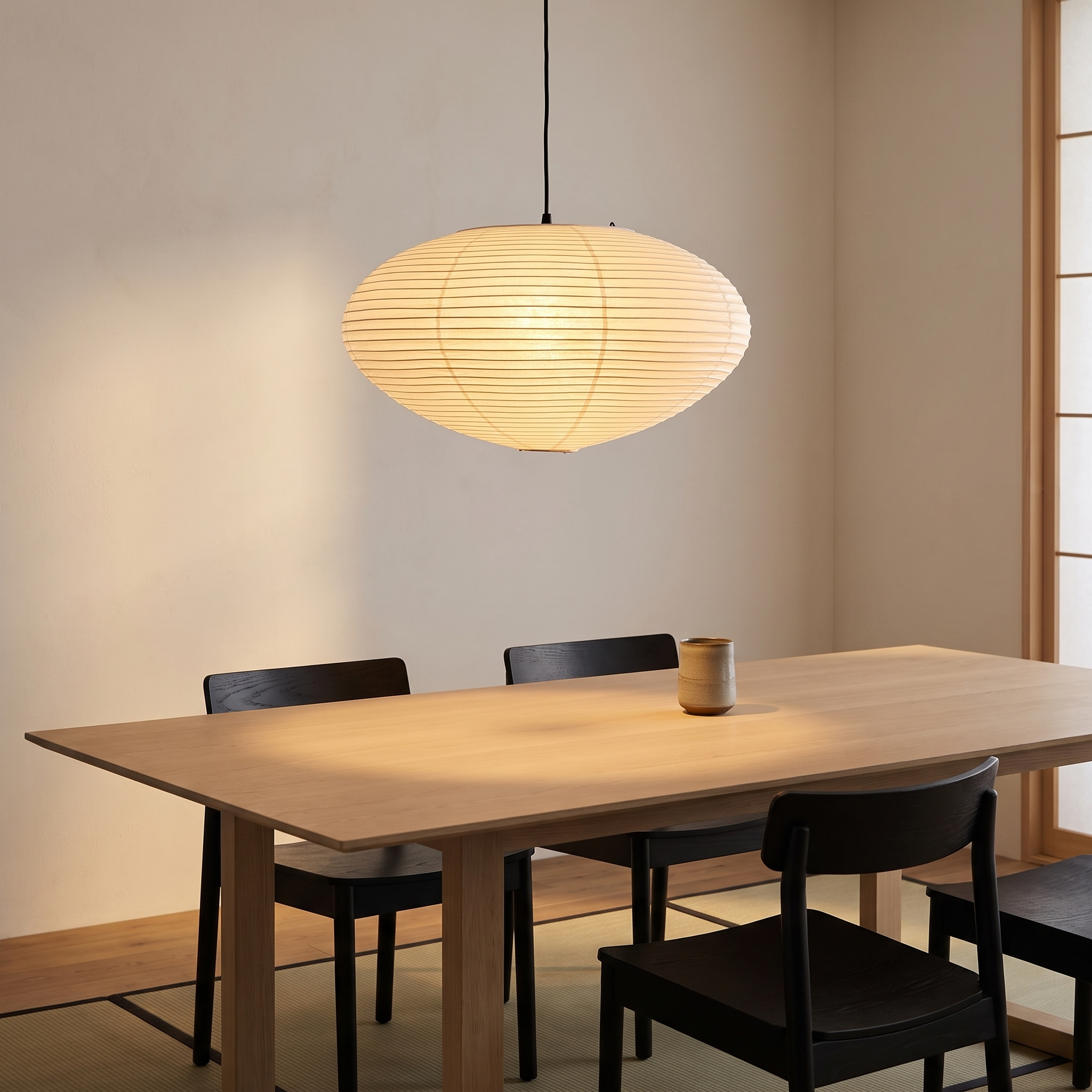Leto washi paper pendant light over a low oak table in a Japandi dining room