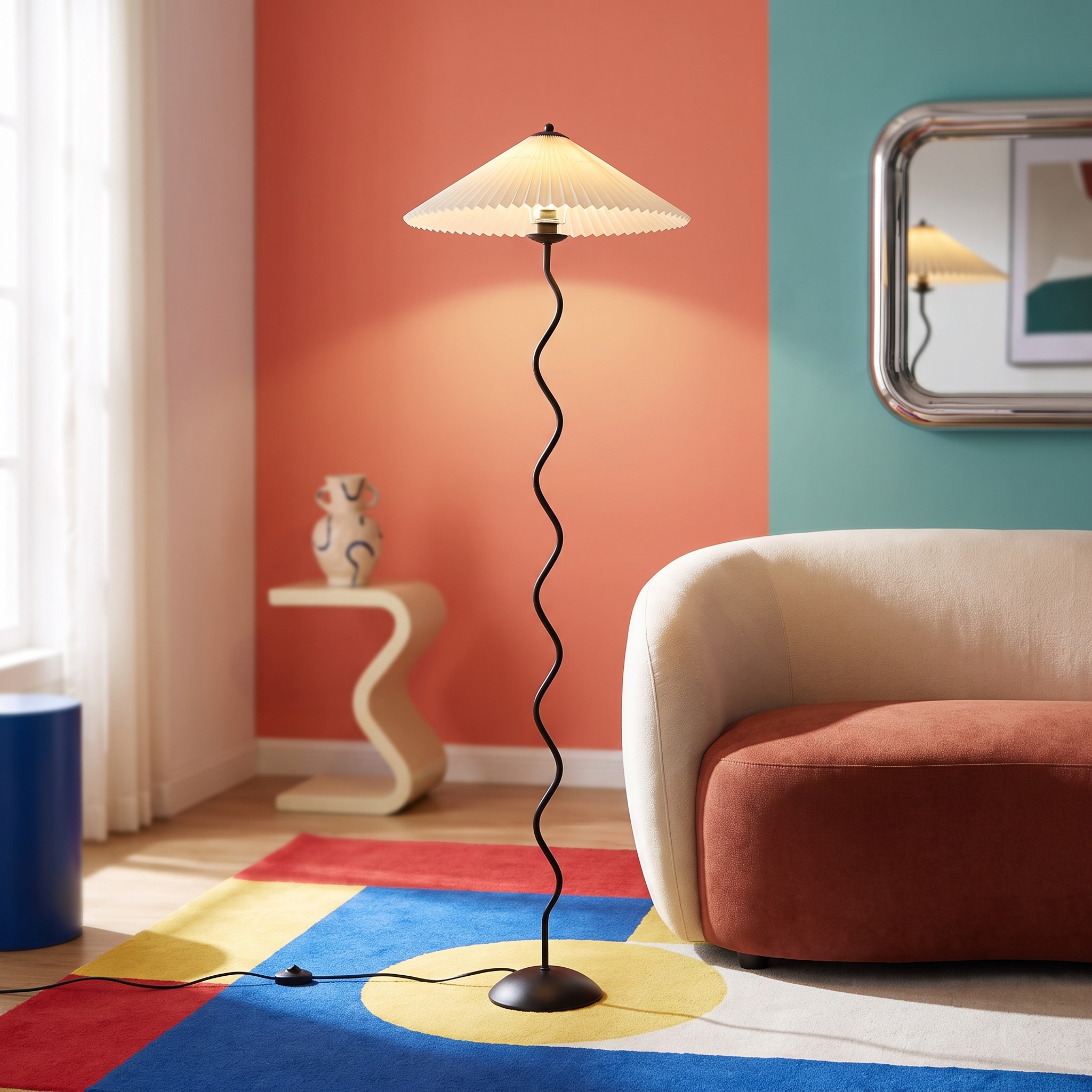 Maiandros black metal floor lamp in a colour-blocked Memphis-revival living room