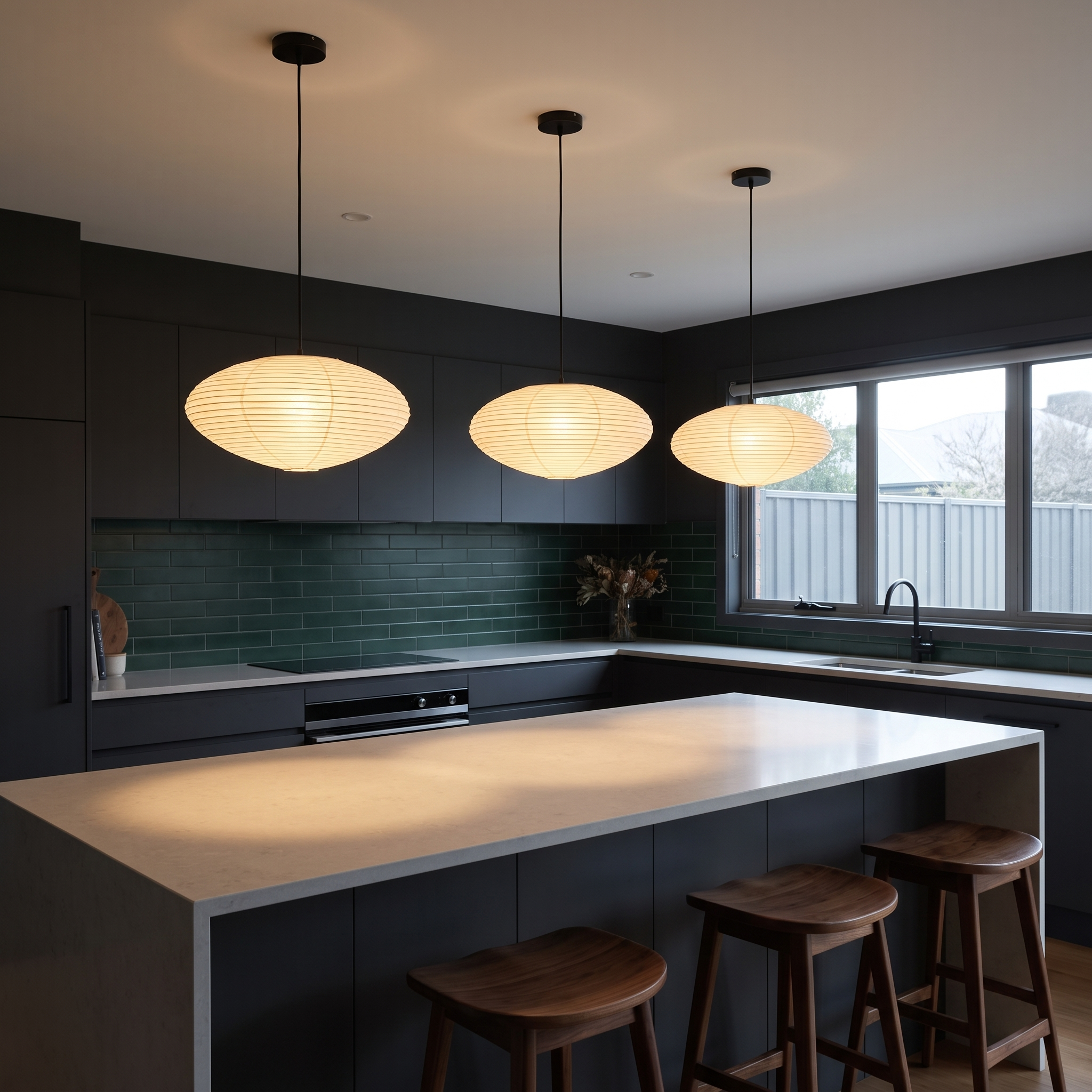 Three Leto washi paper pendant lights in a row over a charcoal kitchen island