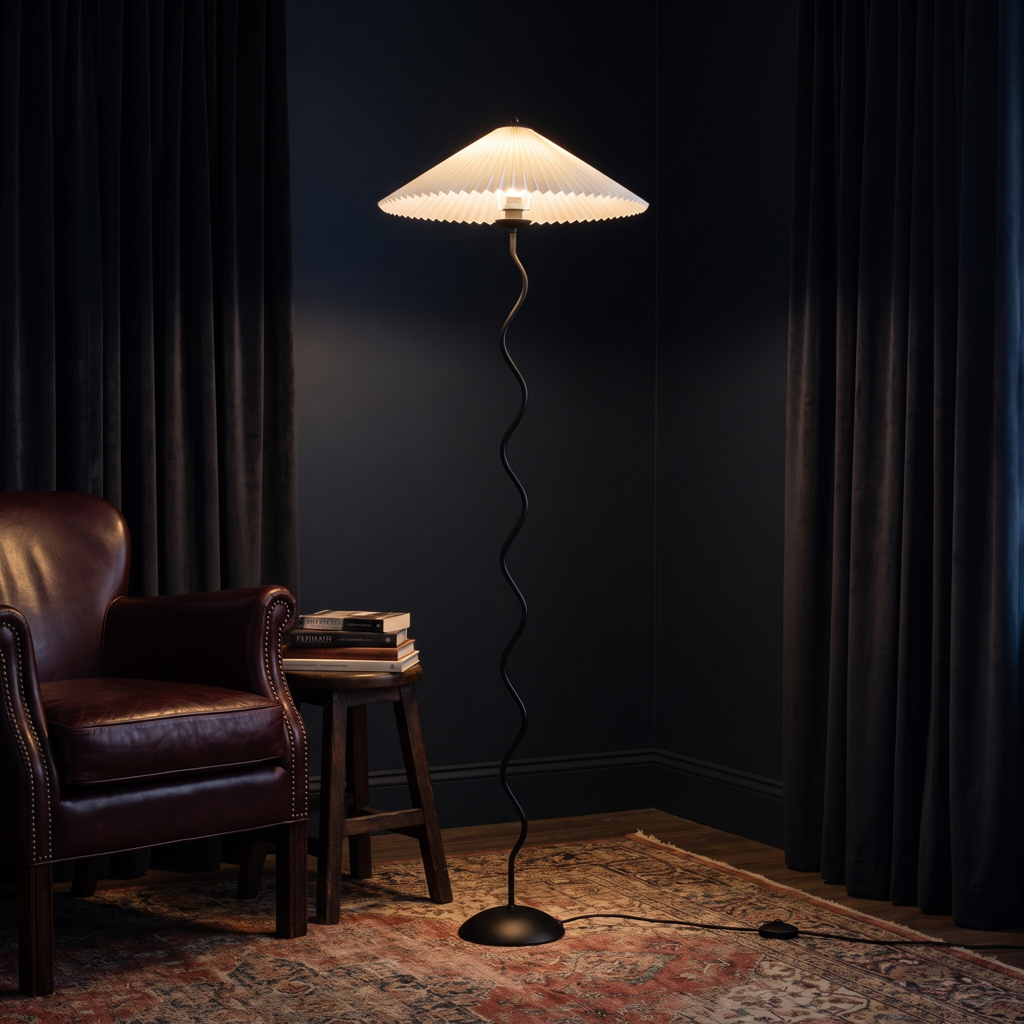 Maiandros black metal floor lamp beside a leather chair in a near-black study corner