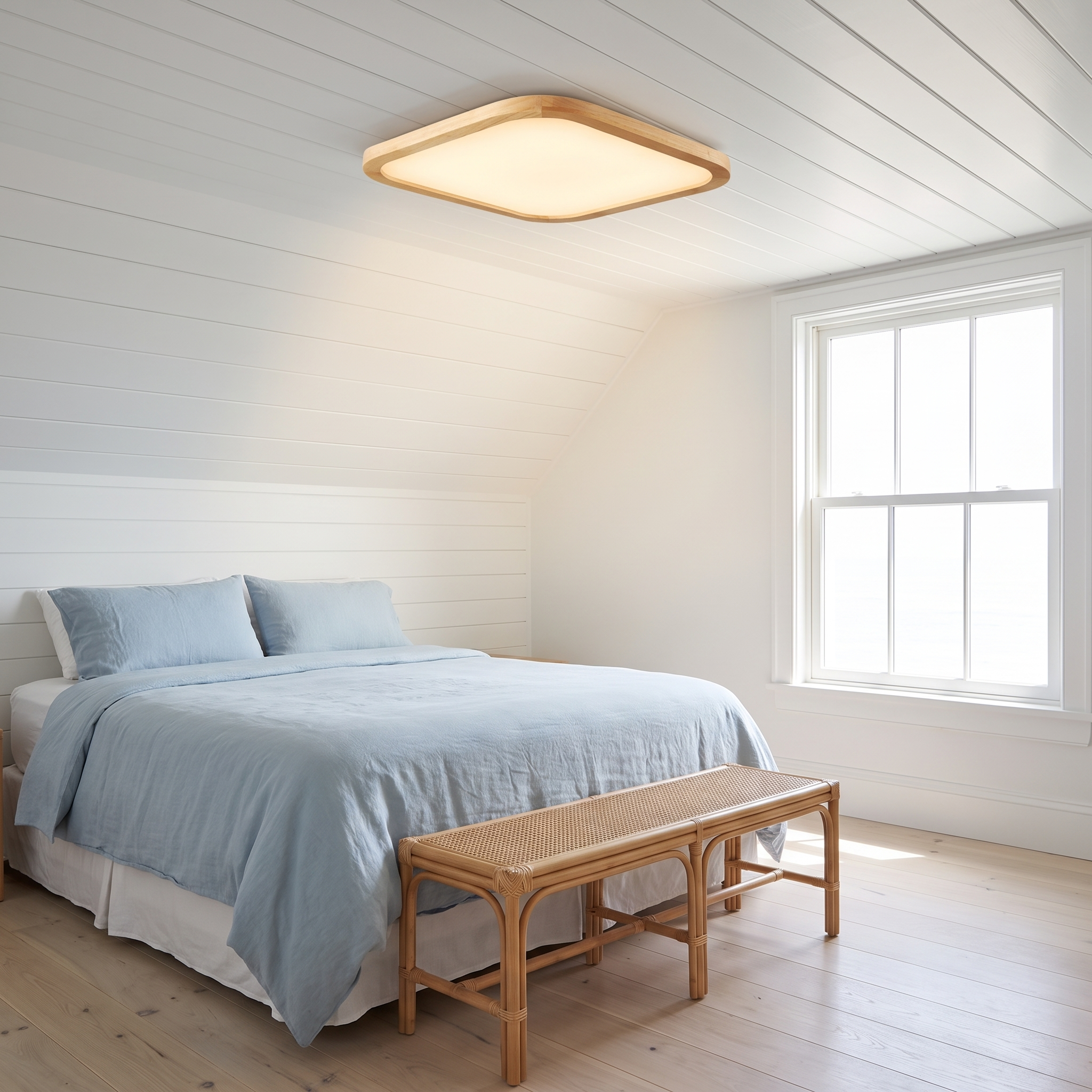 Leukothea slim wood flush mount ceiling light in a bright coastal bedroom