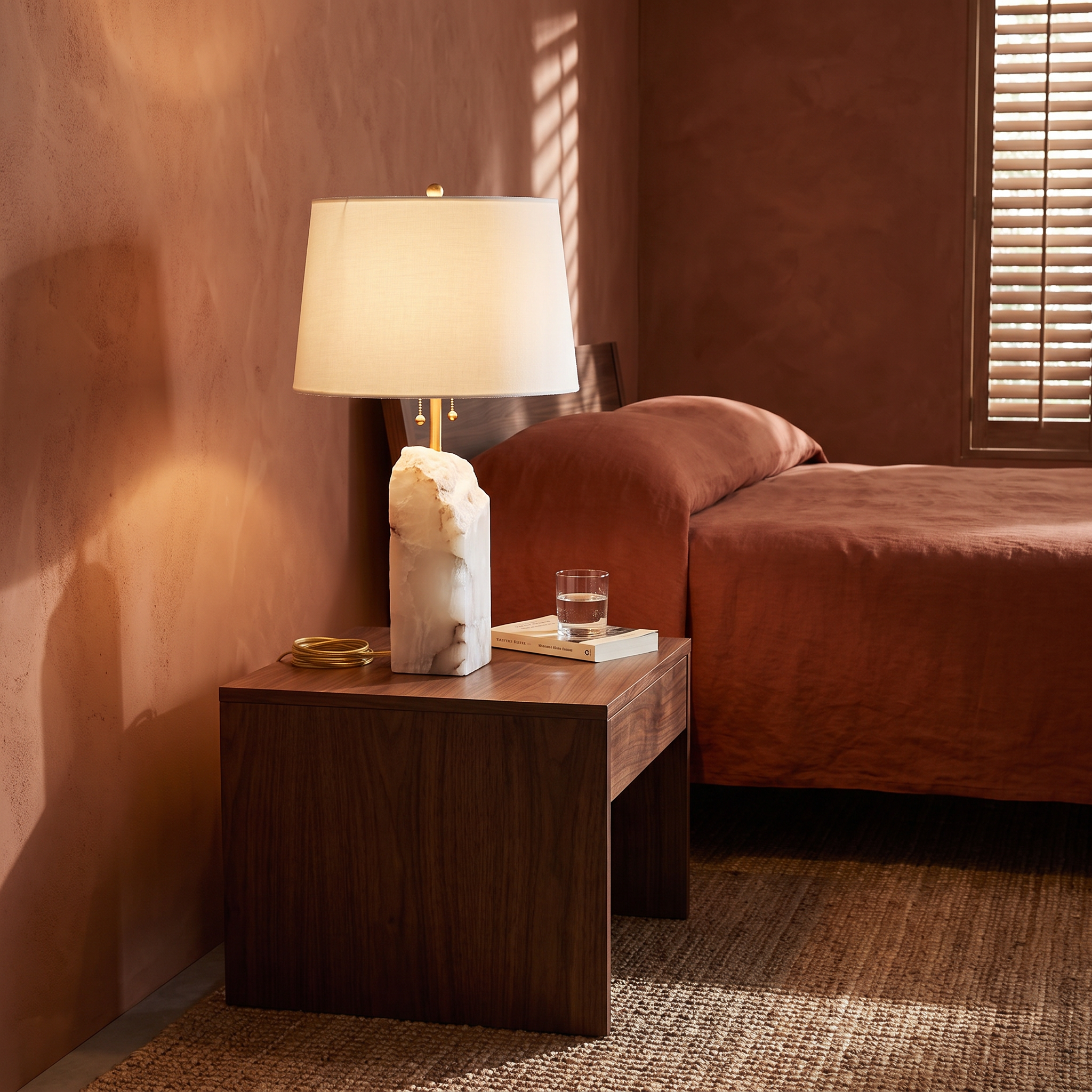Hestia alabaster table lamp on a walnut nightstand in a terracotta bedroom
