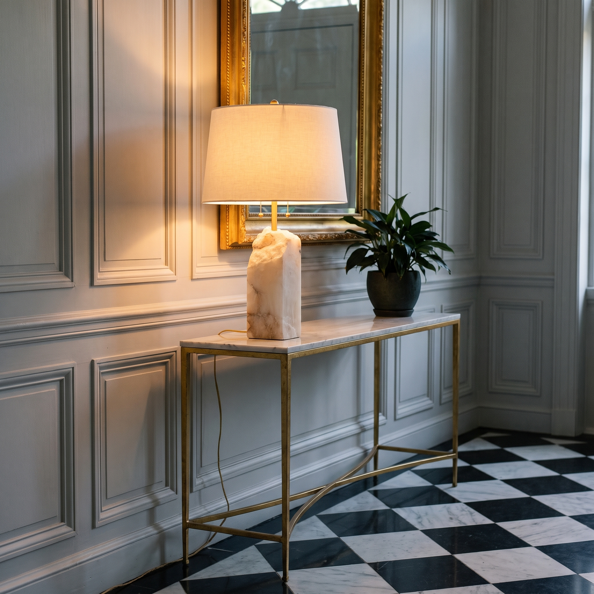 Hestia alabaster table lamp on a marble console in a neoclassical entrance hall