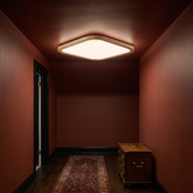 Leukothea slim wood flush mount ceiling light on a clay-red upstairs landing