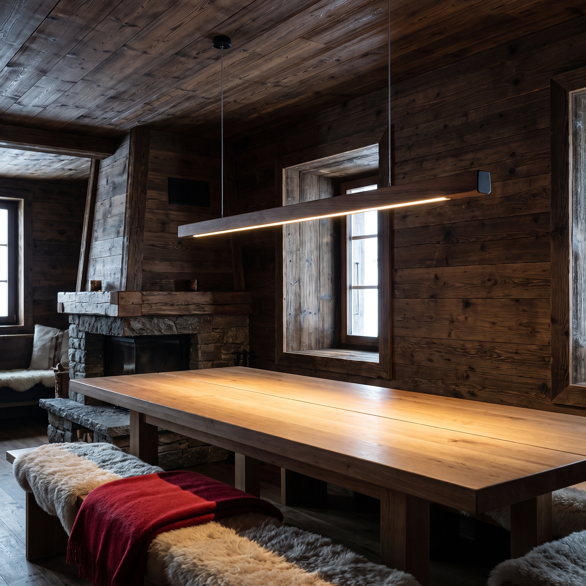 Alkinoos linear wood chandelier suspended over a timber table in an alpine chalet dining room