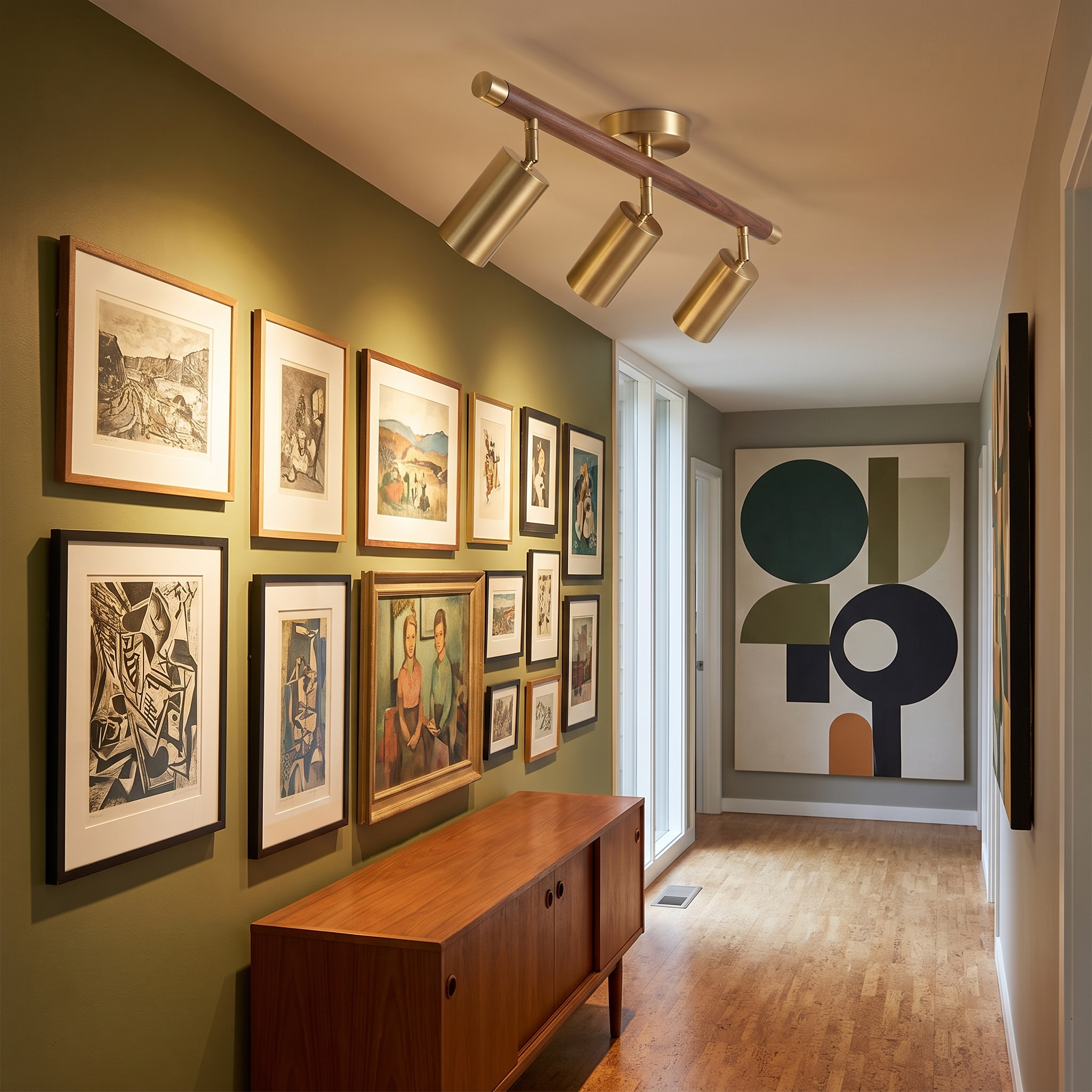 Pyrrhos brass and wood track light angled at framed pictures in a mid-century hallway