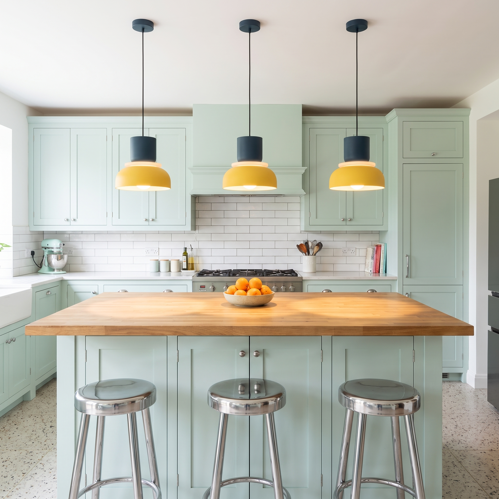 Three Amaryllis two-tone pendant lights in a row over a mint kitchen island