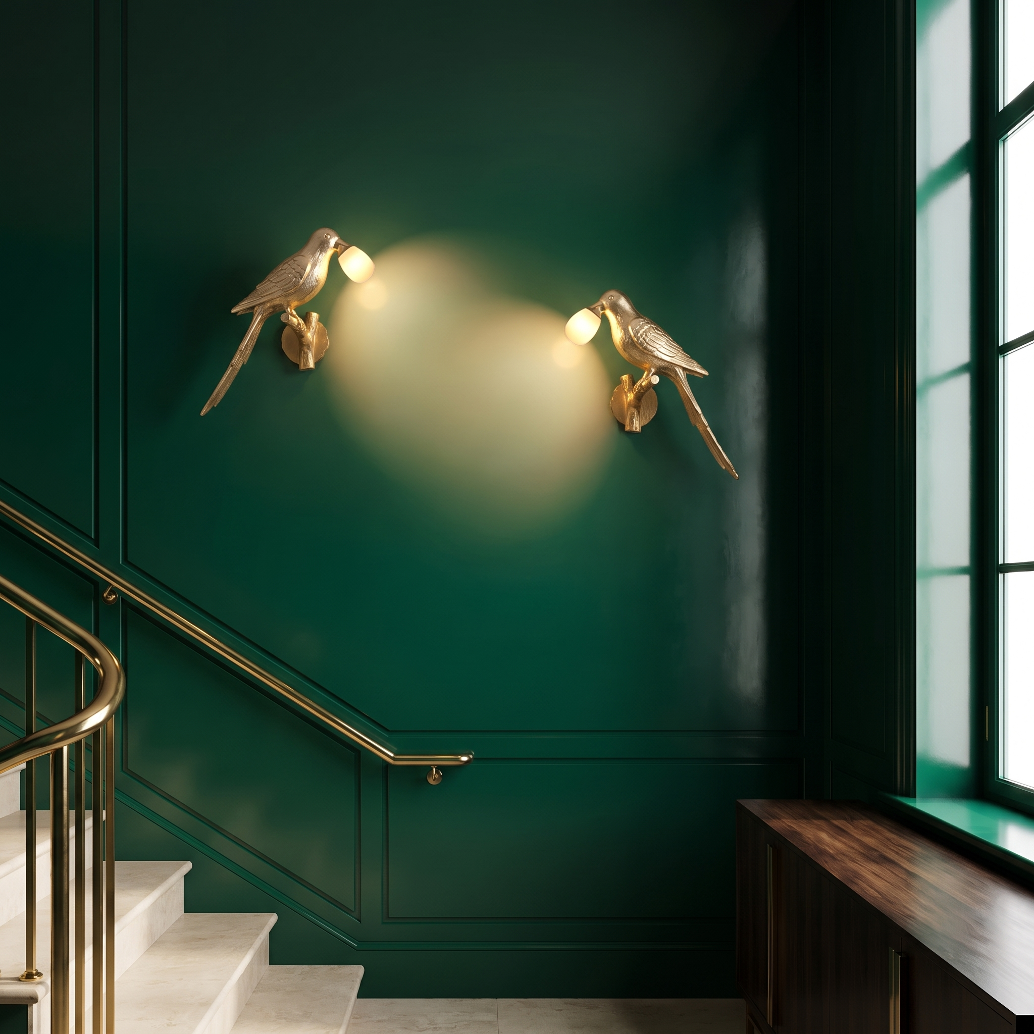 A pair of Alkyone gold bird wall lights on an emerald lacquered Art Deco stairwell wall