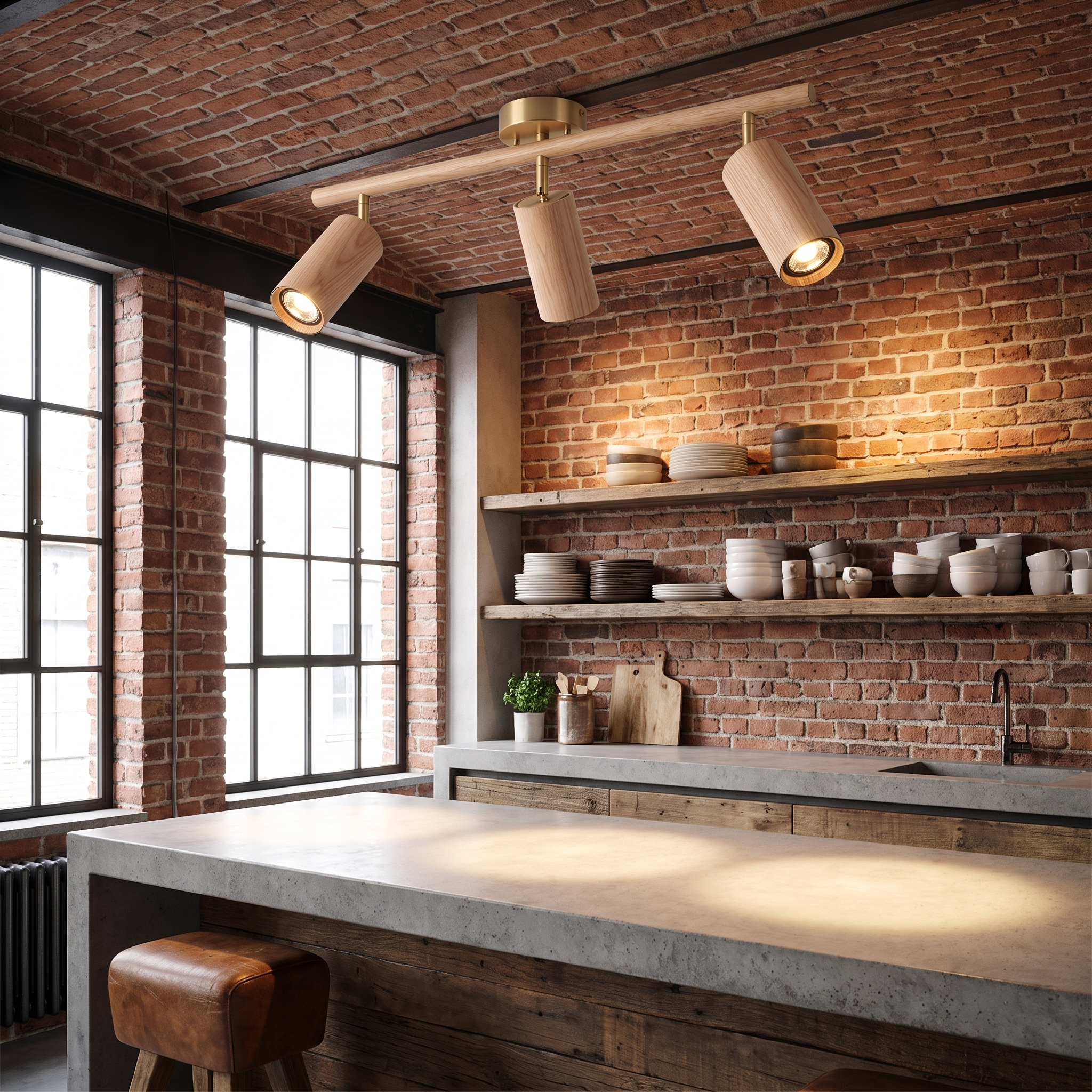 Pyrrhos brass and wood track light with three adjustable heads over a concrete counter in an industrial loft kitchen