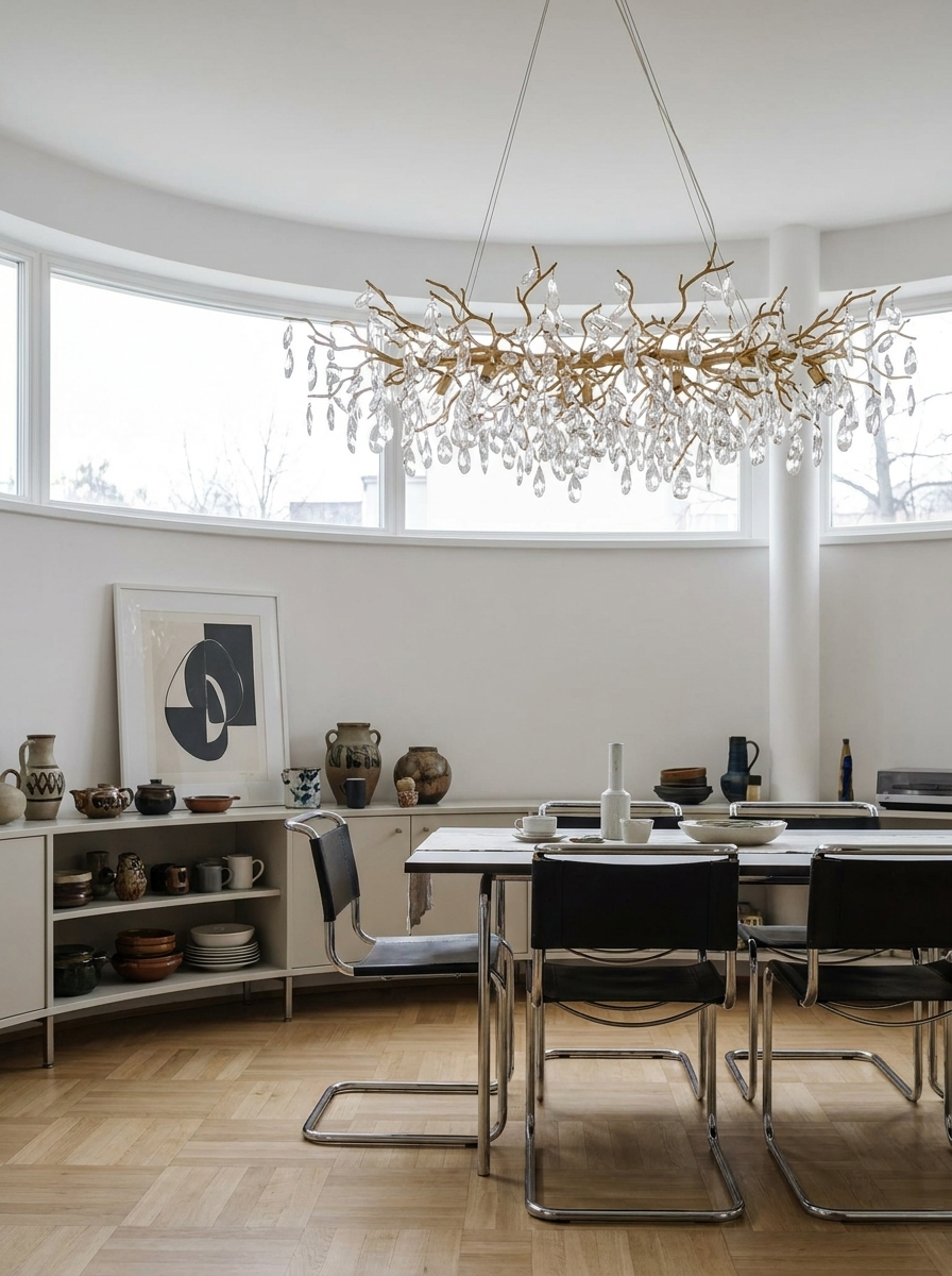 Aithra crystal chandelier close view showing gold arms and hanging crystal