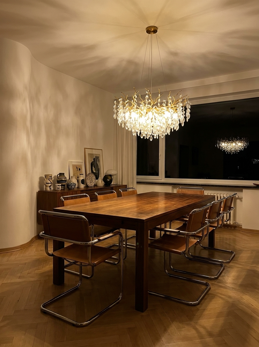 Aithra crystal chandelier as the only light in a dining room at night