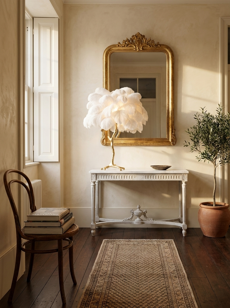Aedon brass ostrich feather table lamp close on a marble console with a gilt mirror behind