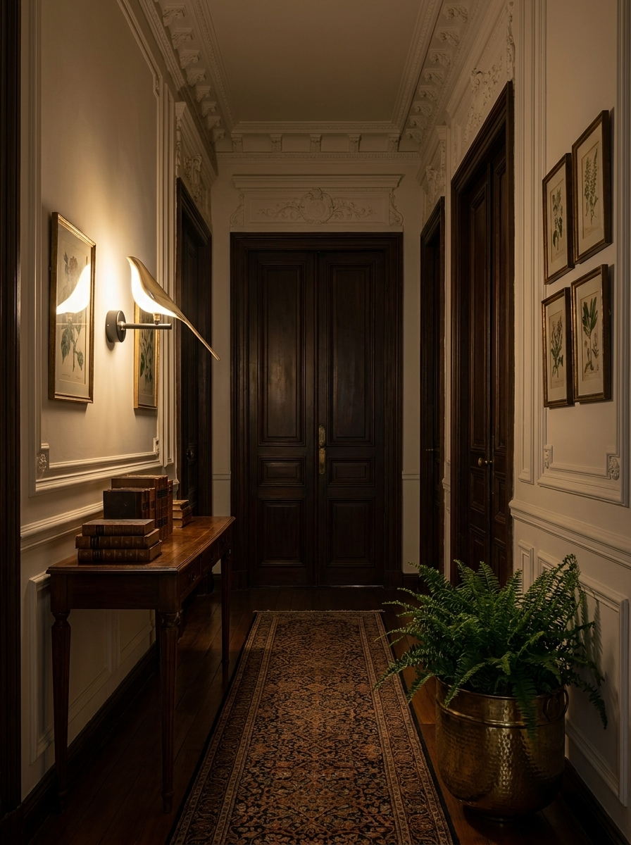 Alkyone gold bird wall light as the only light in a hallway at night