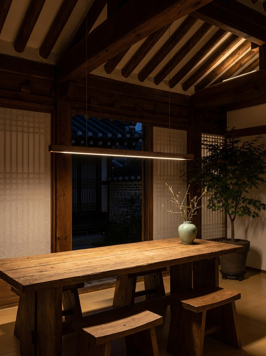 Alkinoos linear wood chandelier as the only light in a dining room at night