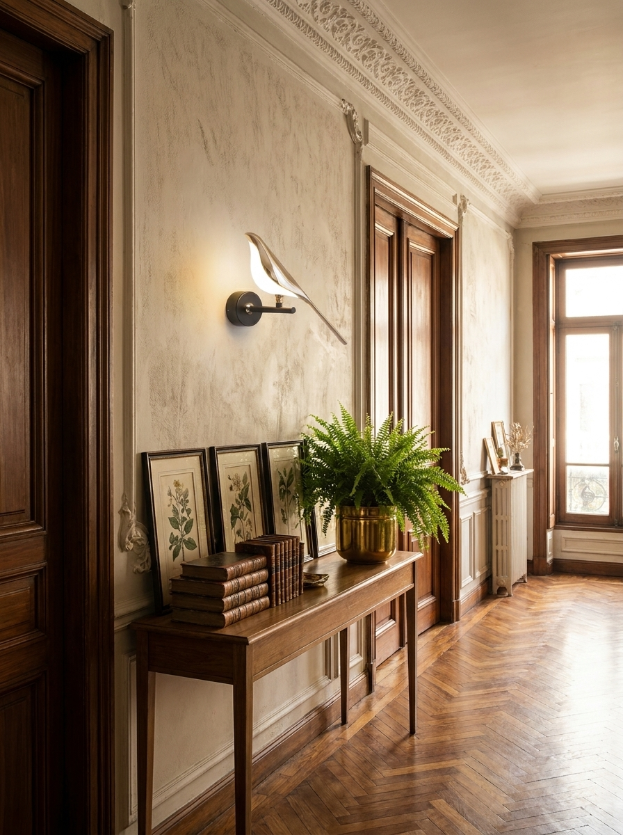 Alkyone gold bird wall light close view above a hallway console