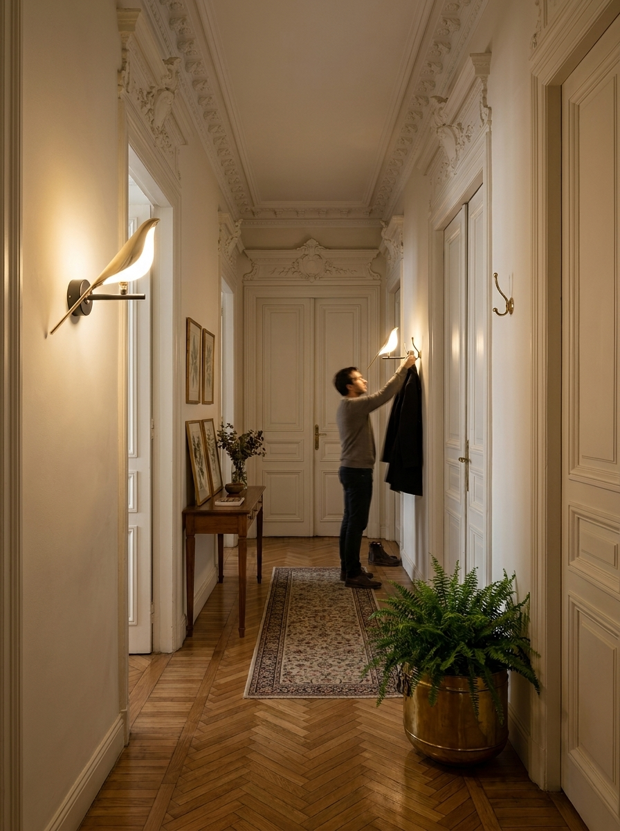 Alkyone gold bird wall light lit in a panelled hallway