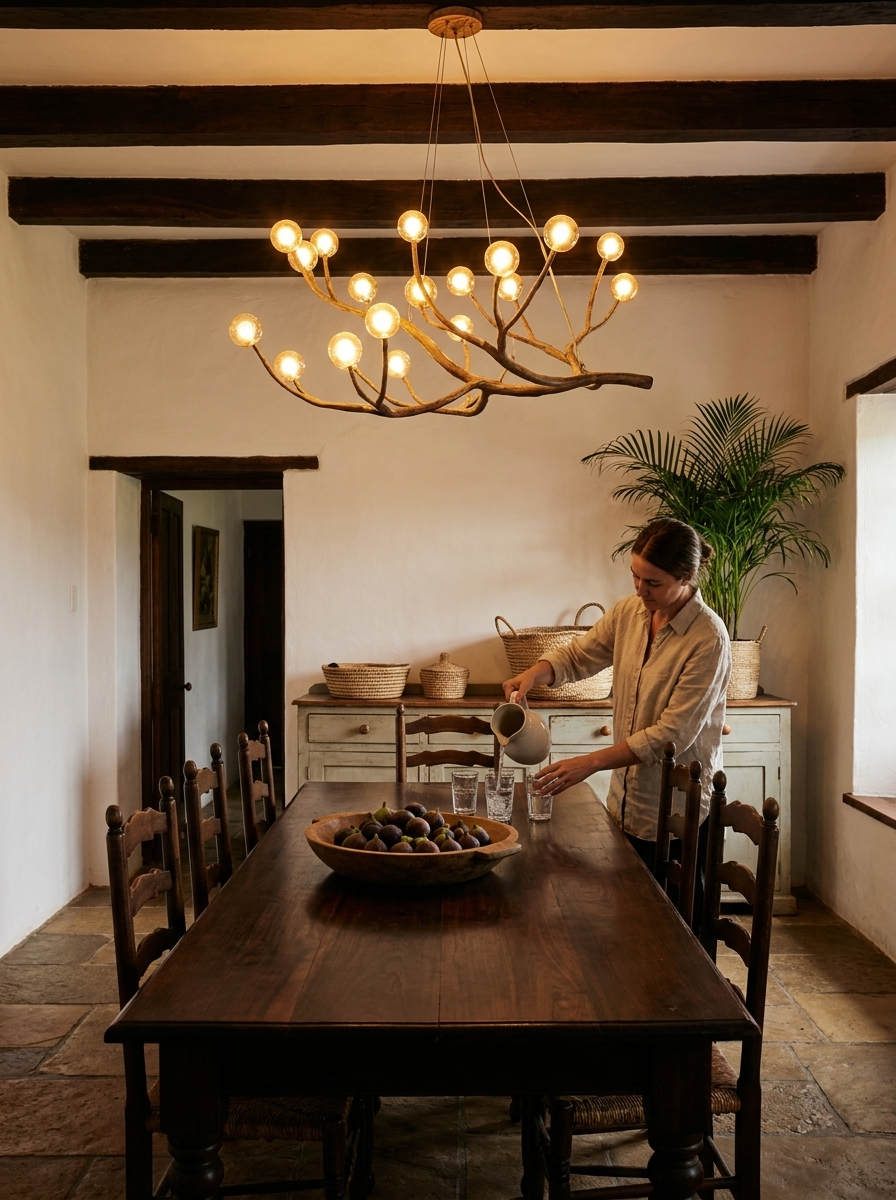Dryas branch chandelier lit above a long dining table being set