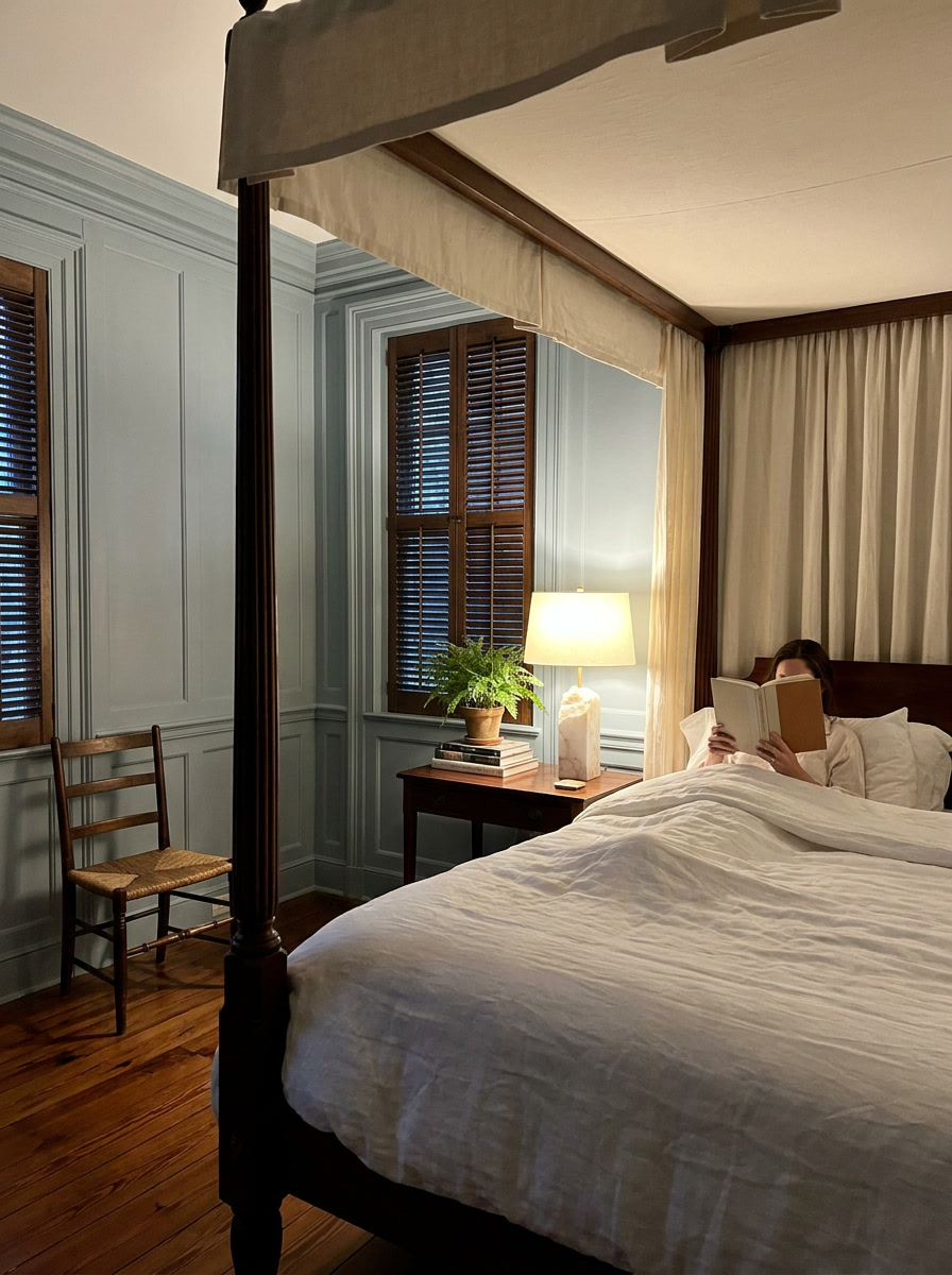 Hestia alabaster table lamp lit on a bedside table beside a four poster bed