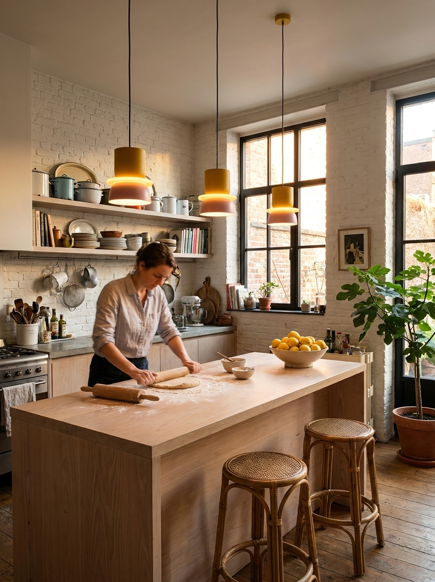 Amaryllis two-tone pendant lights lit above a kitchen island while dough is rolled out