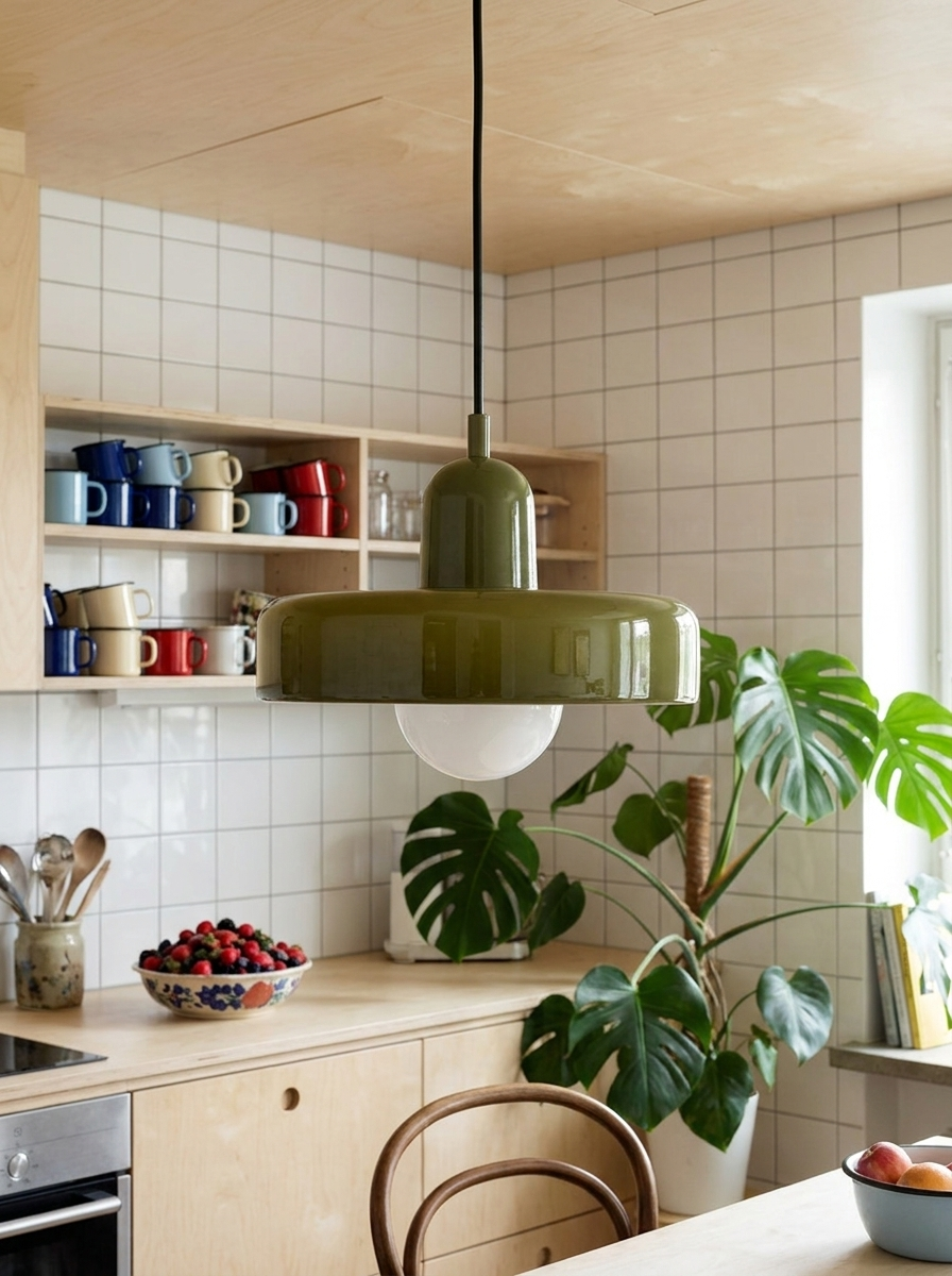 Iolaos coloured glass pendant light close view in a white tiled kitchen
