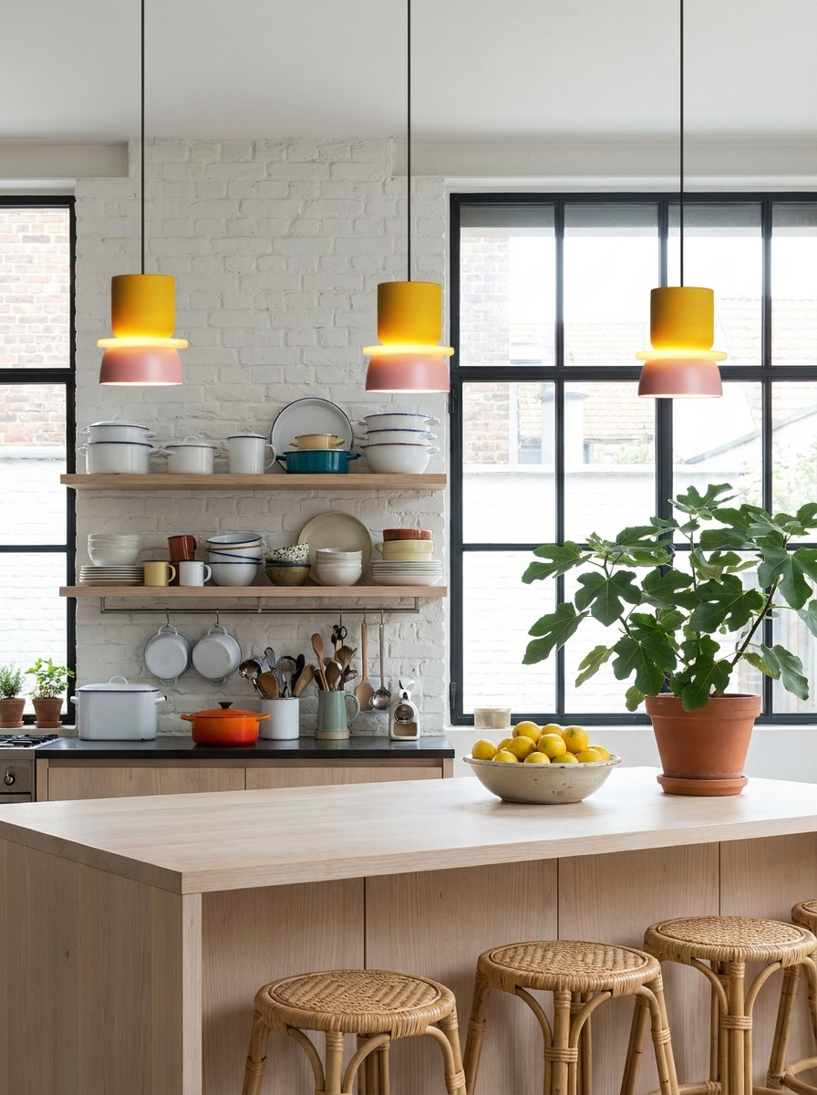 Amaryllis two-tone pendant lights close view in a whitewashed brick kitchen