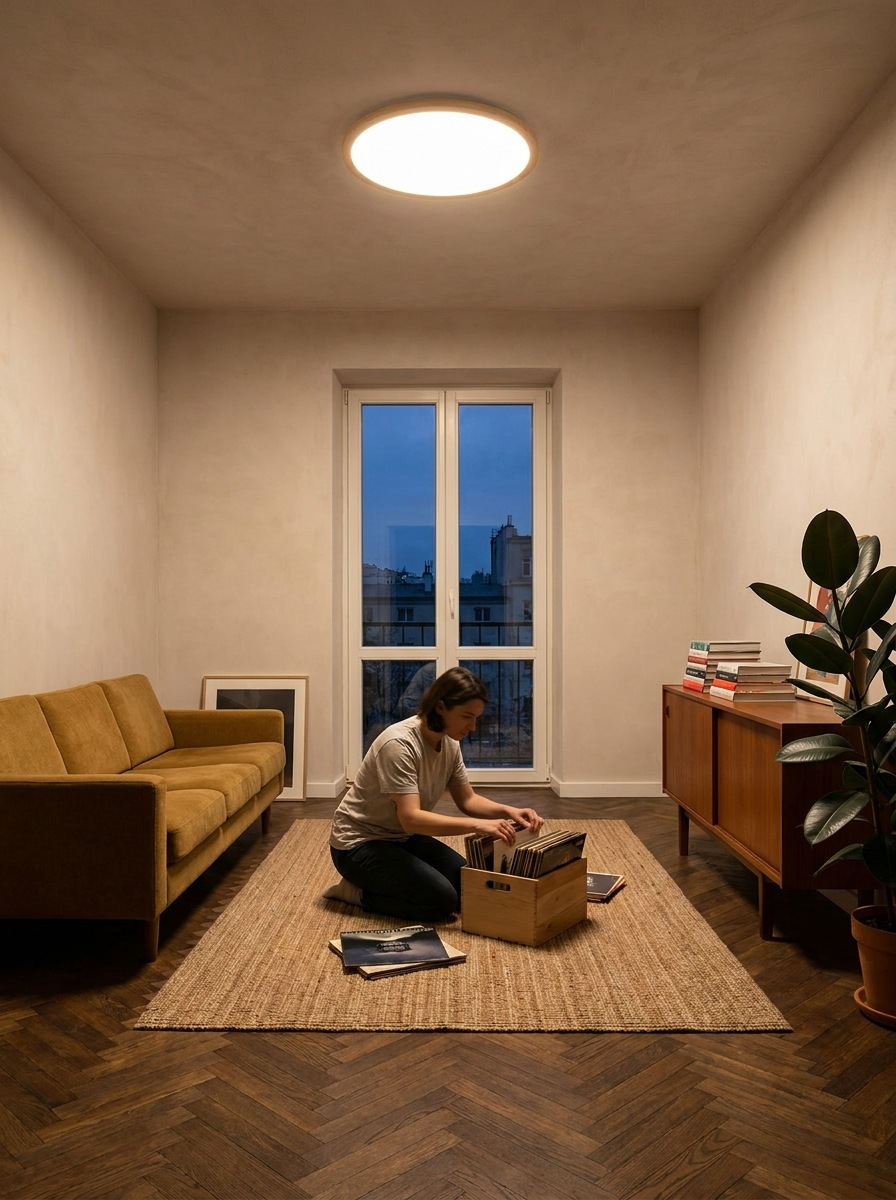 Leukothea slim wood flush mount ceiling light lit in a living room
