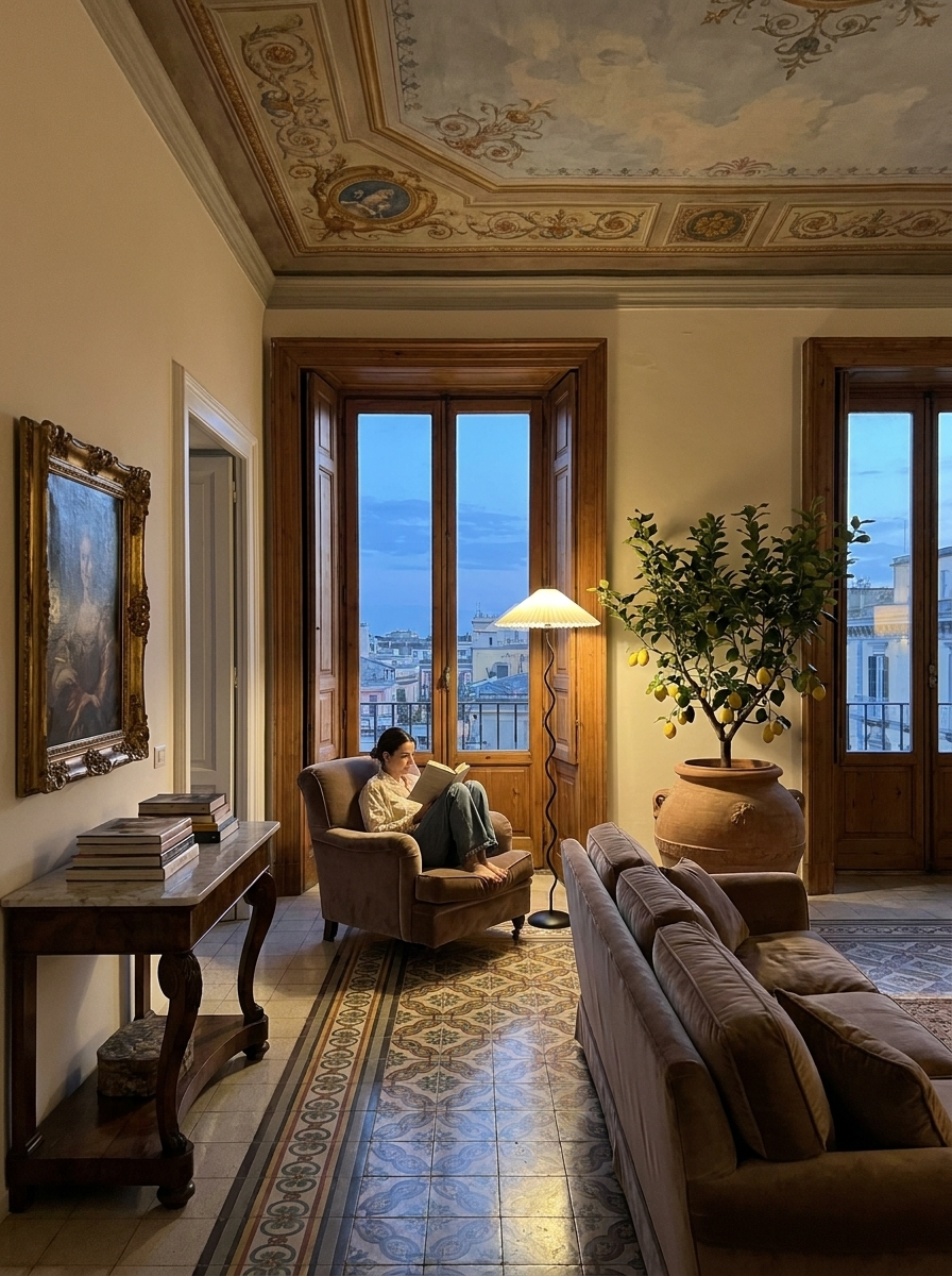 Maiandros black metal floor lamp lit beside an armchair in a Naples living room