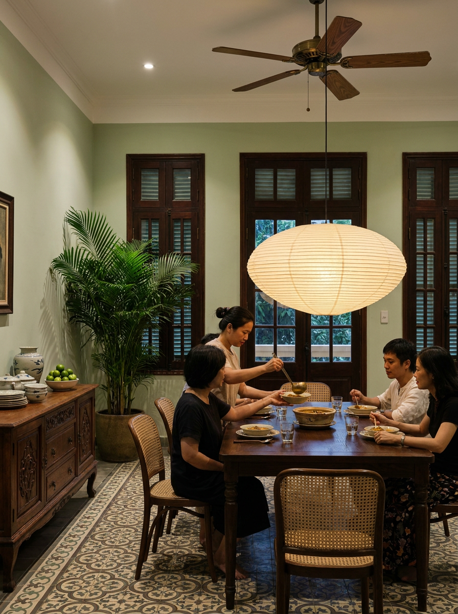 Leto washi paper pendant lit low over a dining table while soup is served