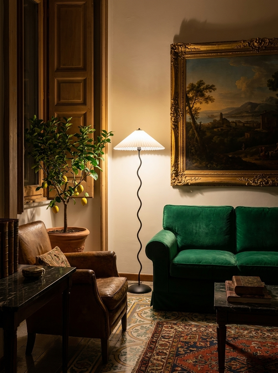 Maiandros black metal floor lamp as the only light in a living room at night