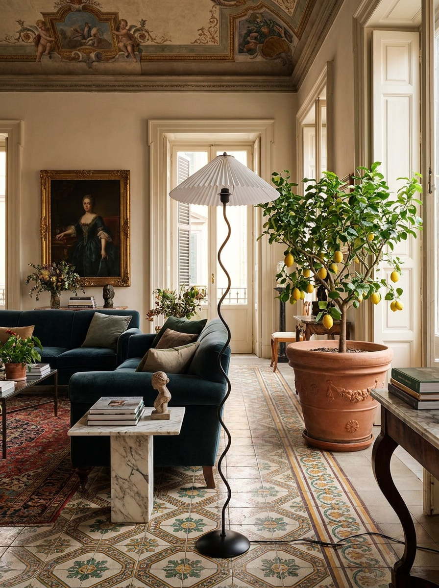 Maiandros black metal floor lamp full height view showing the curved frame and fabric shade