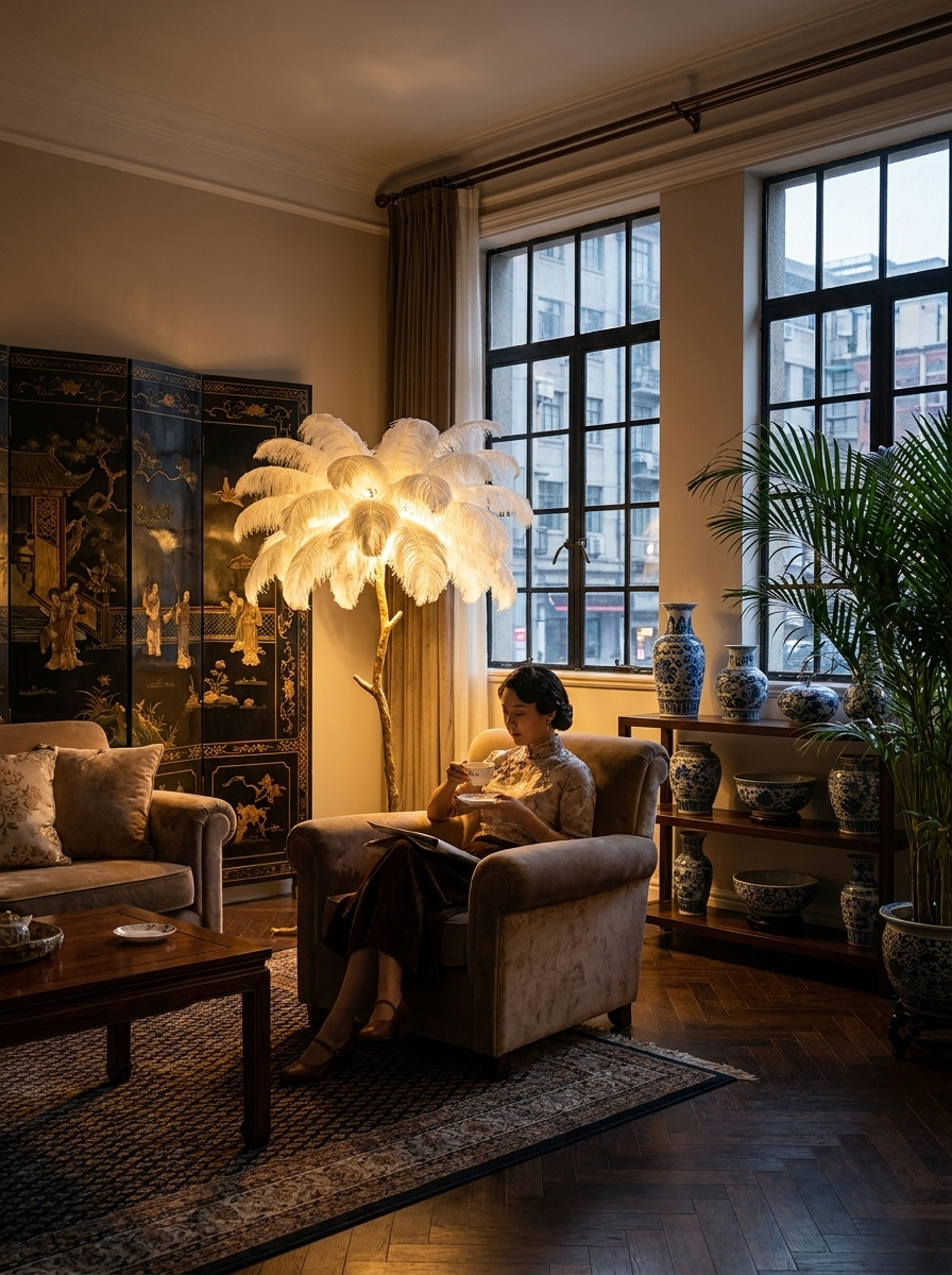 Phoinike ostrich feather floor lamp lit beside an armchair in a living room