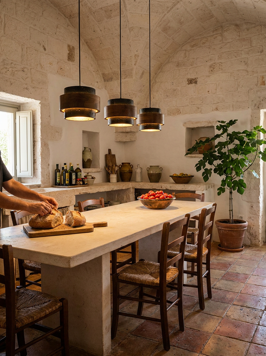 Petraia travertine pendant lights lit above a stone dining table