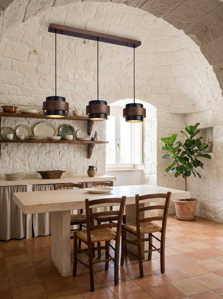 Petraia travertine pendant lights close view showing the stone and wood shade