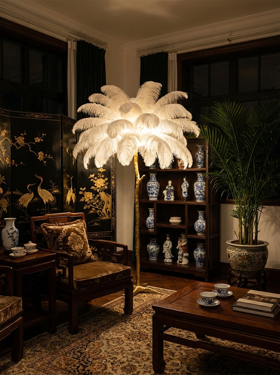 Phoinike ostrich feather floor lamp as the only light in a living room at night
