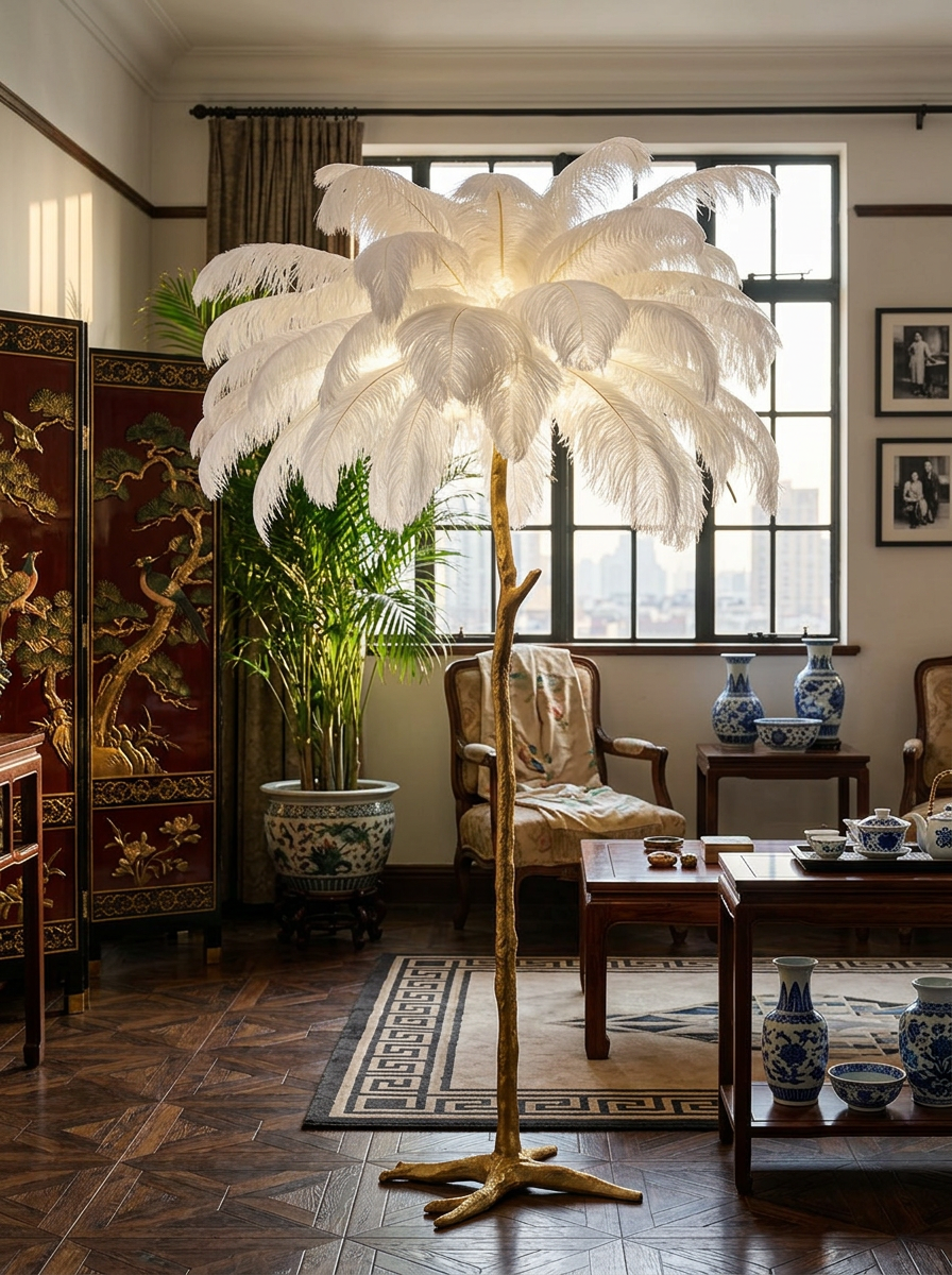 Phoinike ostrich feather floor lamp full height view showing the feather crown and gold stem