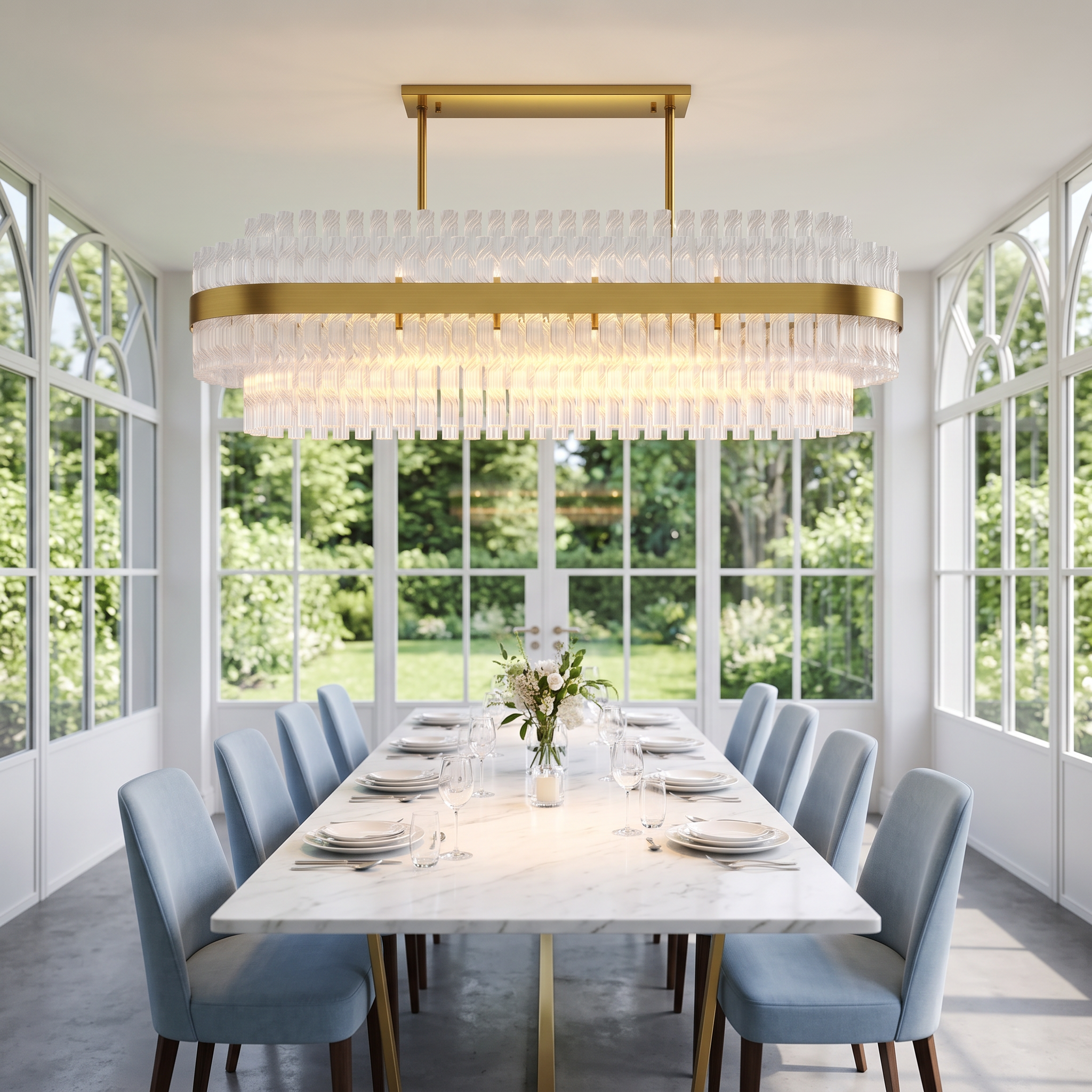 Hermione linear warm brass and glass rod chandelier above a white marble table in a bright garden room