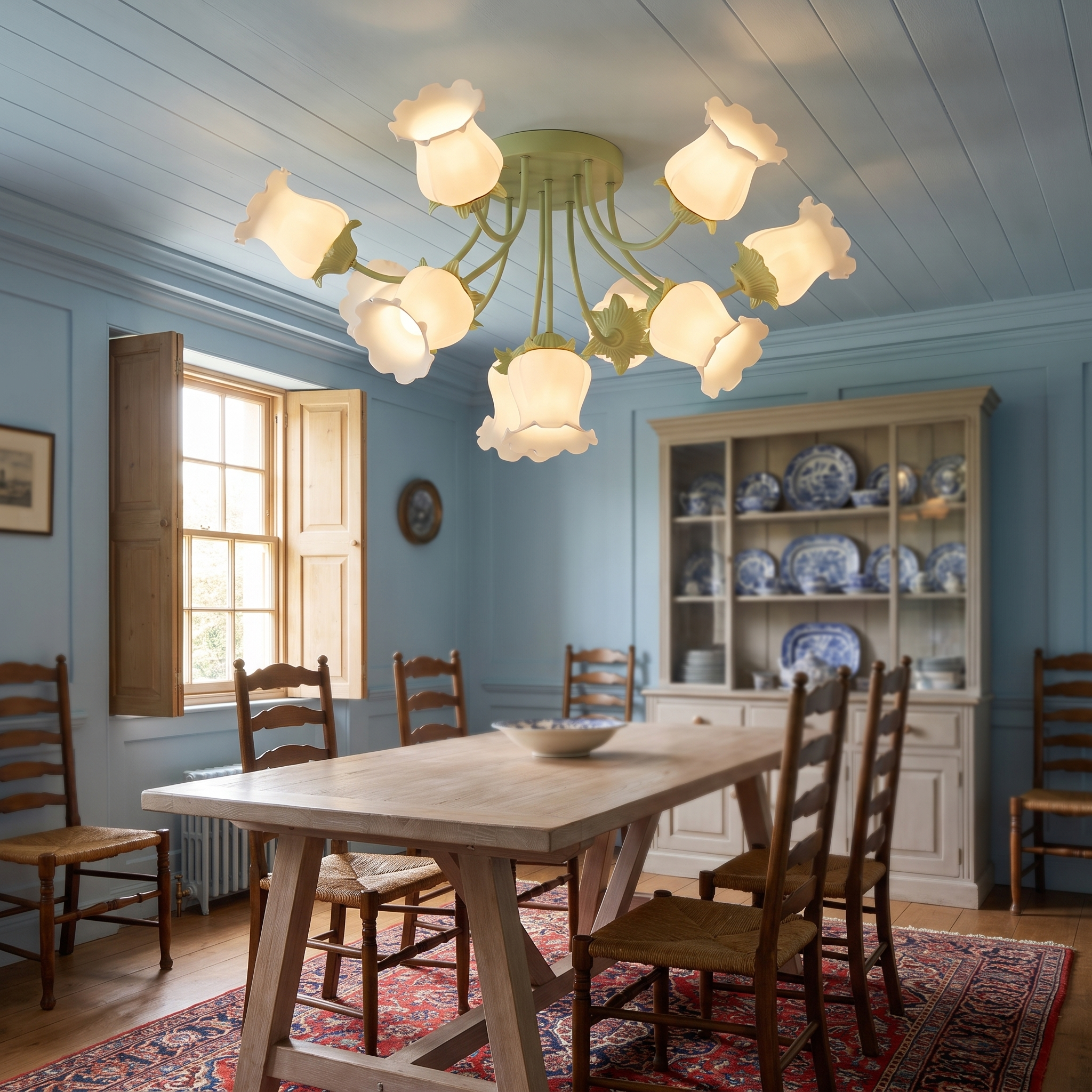 Eumelia green glass flower ceiling light lit in a powder-blue French country dining room
