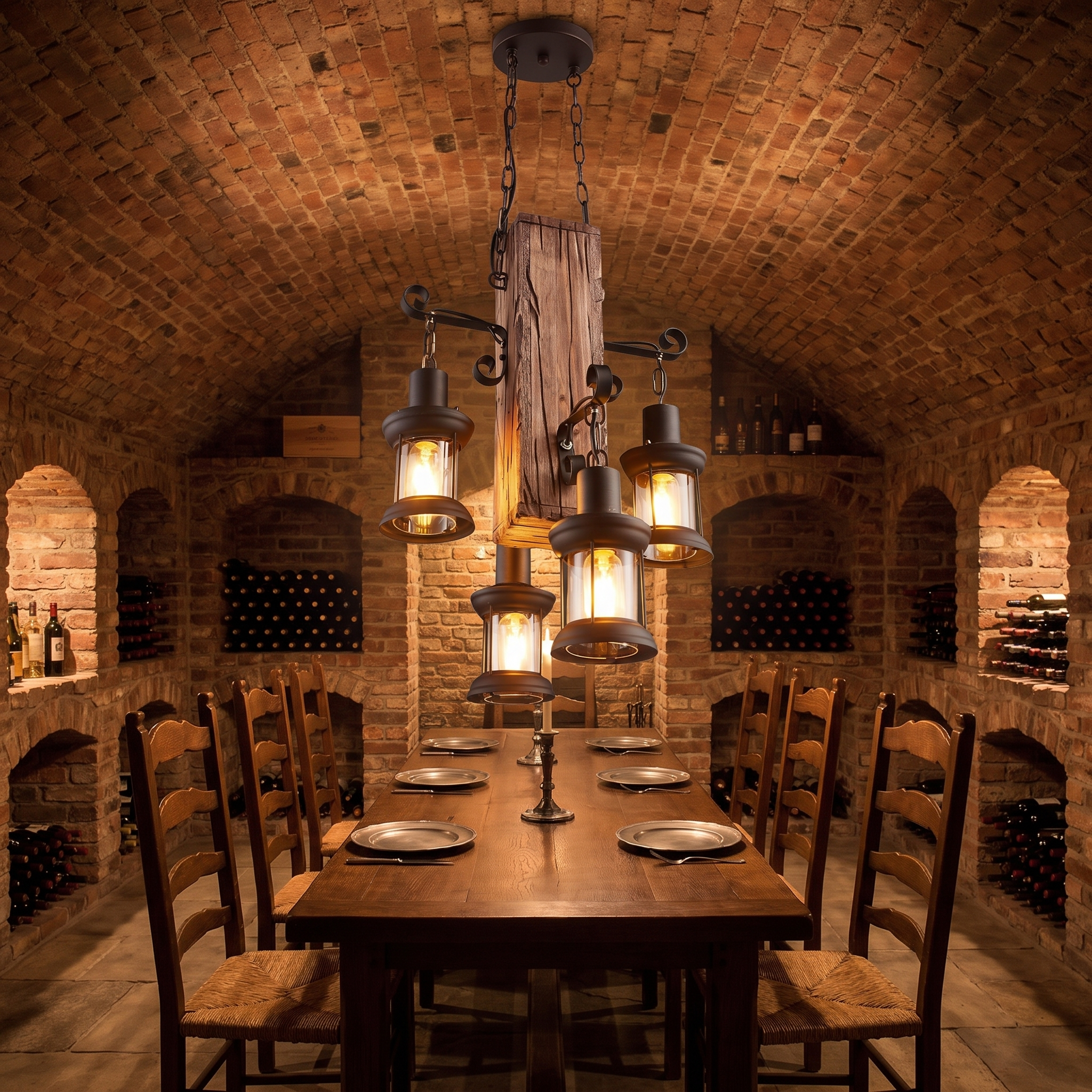Erasmia wood 4-light lantern chandelier lit over a refectory table in a vaulted brick cellar dining room
