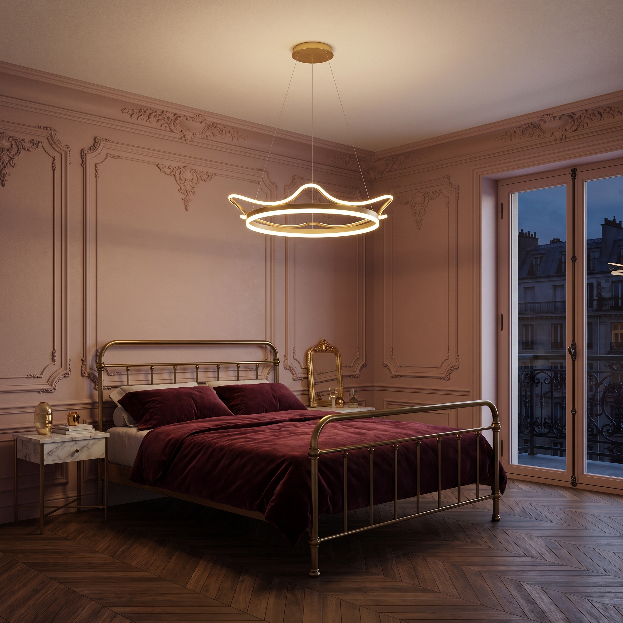 Gelanor gold crown ring LED ceiling light lit above a brass bed in a blush Parisian bedroom at evening