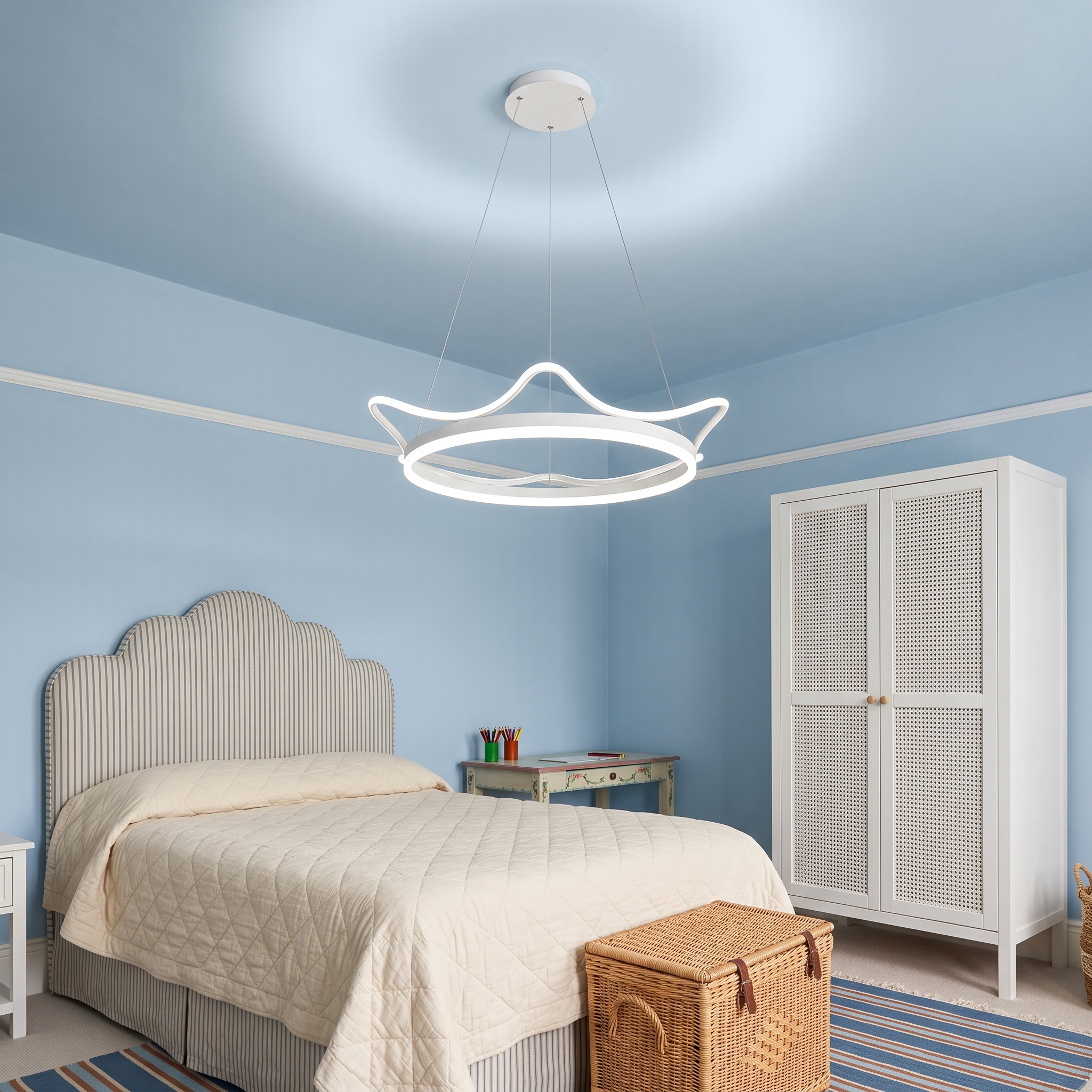 Gelanor white crown ring LED ceiling light in a powder-blue child's bedroom in daylight