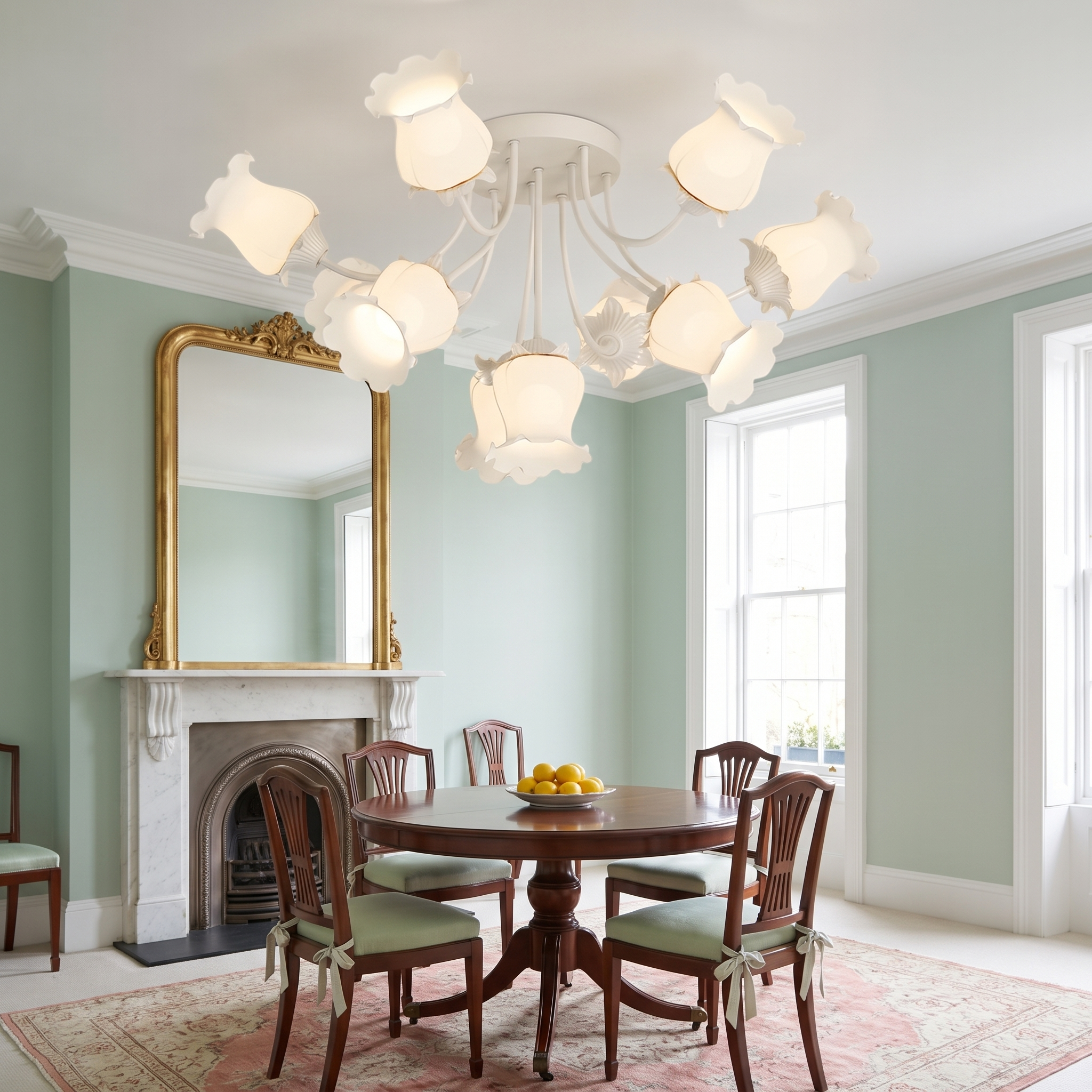 Eumelia white glass flower ceiling light lit in a celadon morning room with a marble fireplace