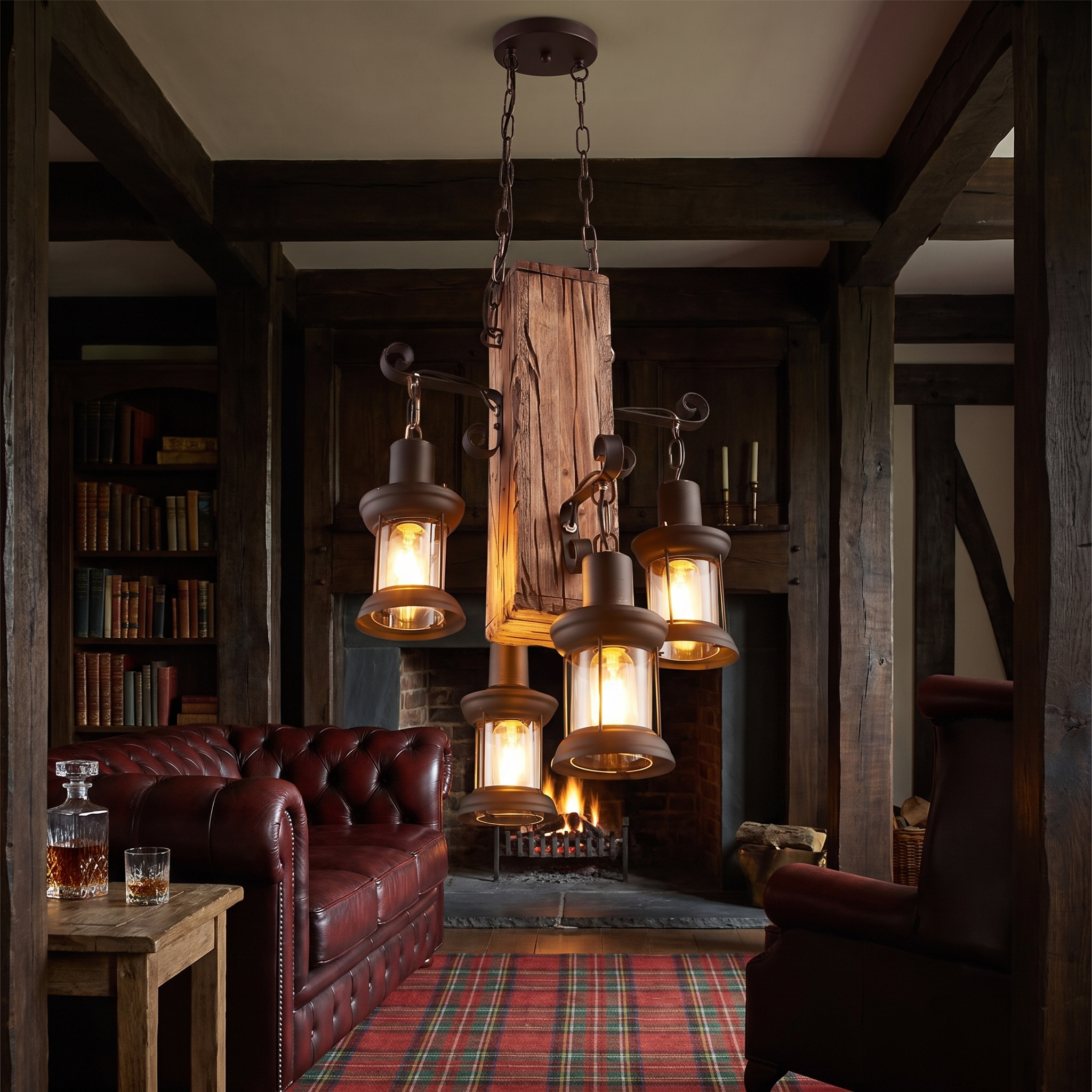 Erasmia wood 4-light lantern chandelier lit above an oxblood chesterfield in a timber-framed snug at night