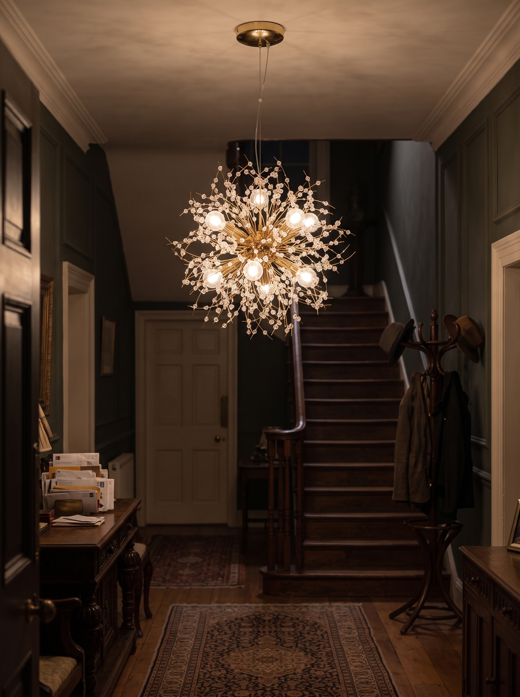 Auge Mini Globe Chandelier lighting a hall at night